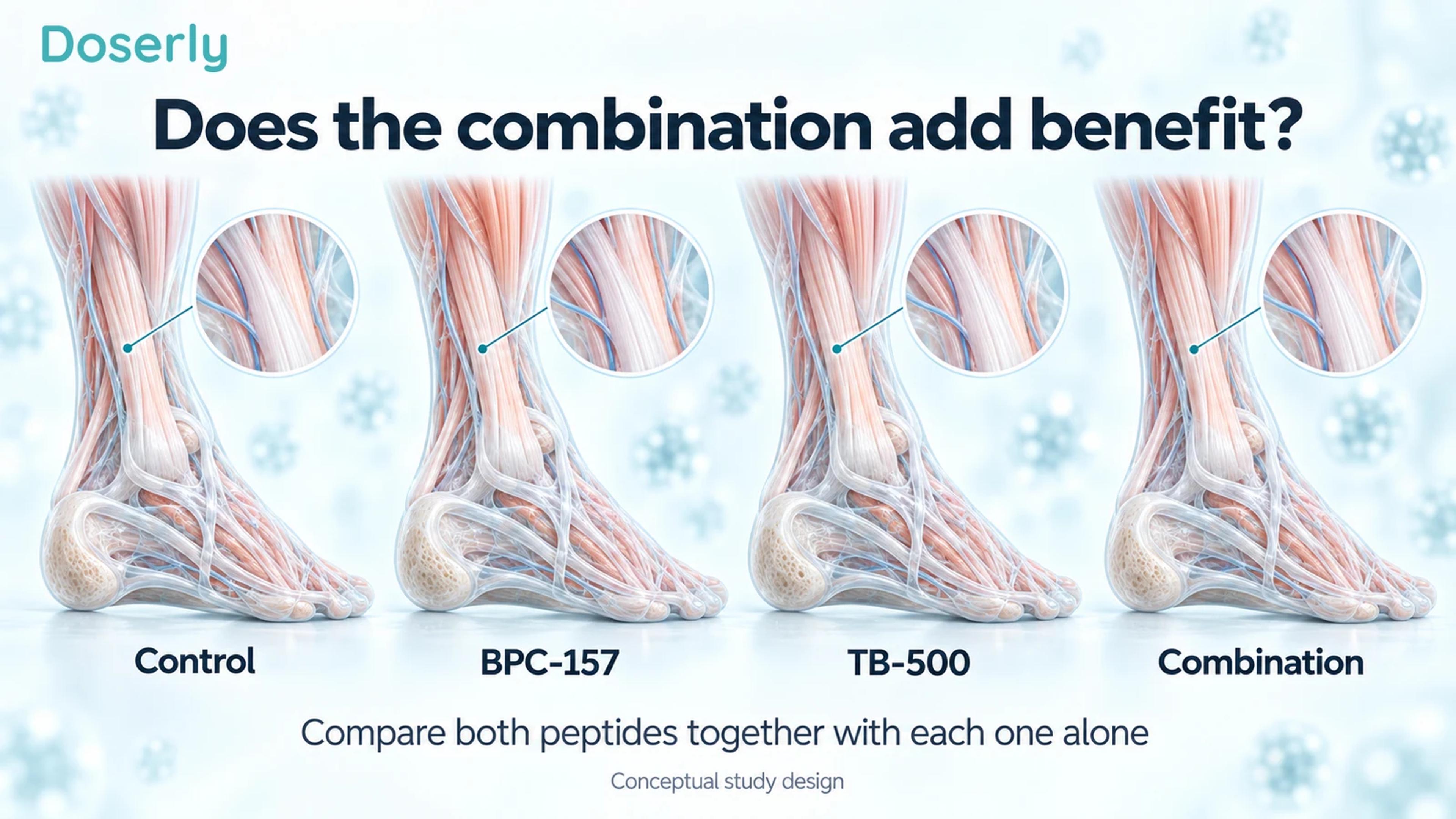 Four matching Achilles tendon illustrations labeled control, BPC-157, TB-500, and combination