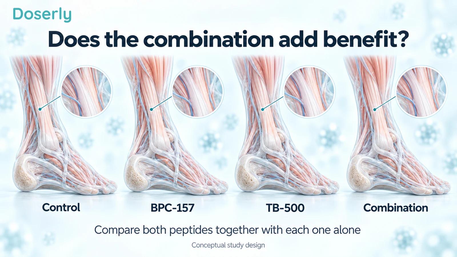 Four matching Achilles tendon illustrations labeled control, BPC-157, TB-500, and combination