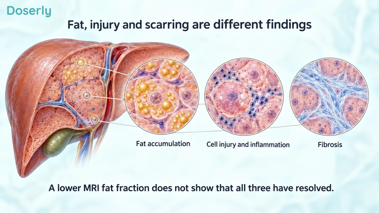 Liver cutaway with separate conceptual insets for fat accumulation, cell injury and inflammation, and fibrosis.