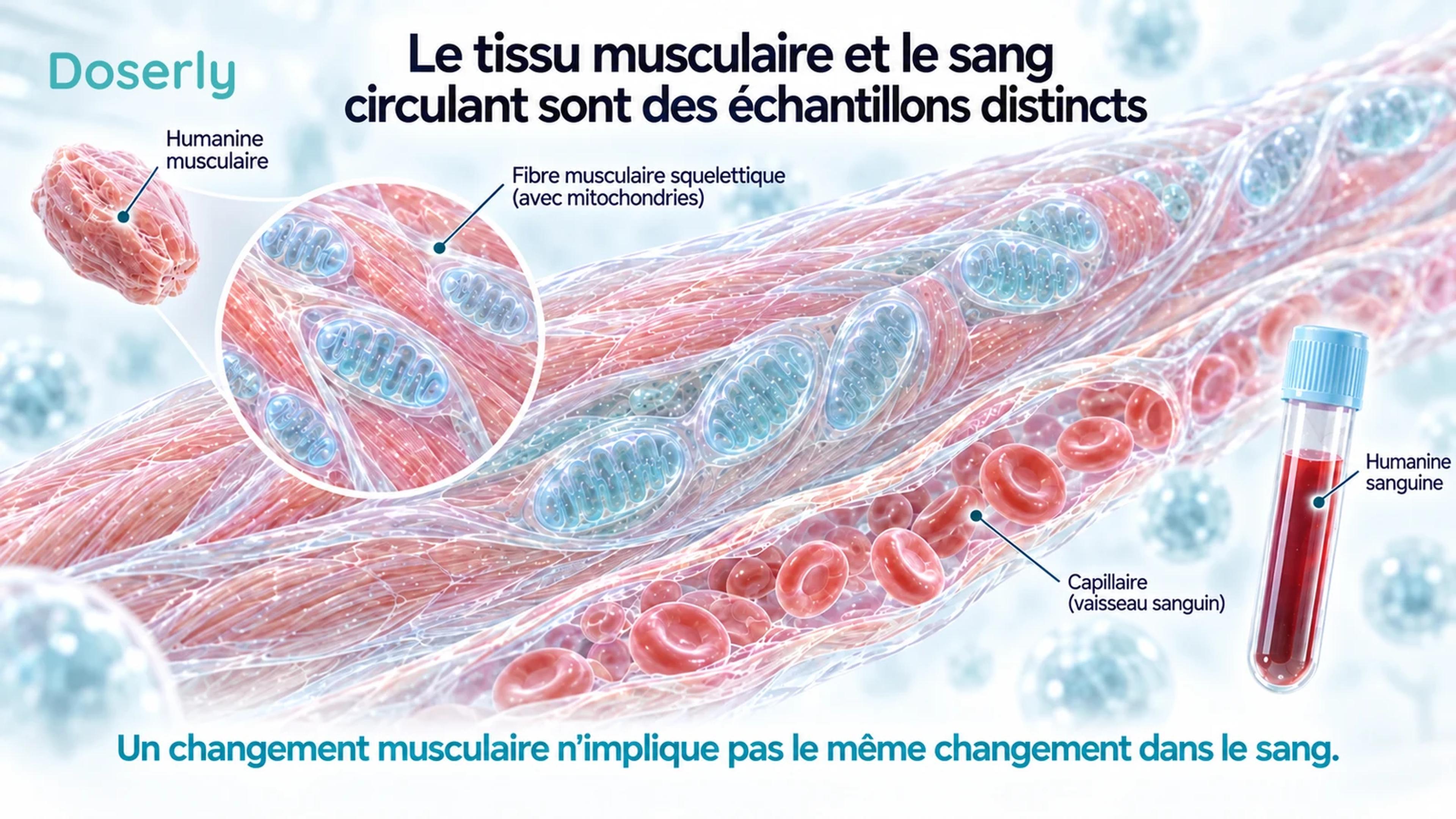Une fibre musculaire détaillée et un capillaire adjacent sont reliés conceptuellement à des échantillons distincts de tissu et de sang.