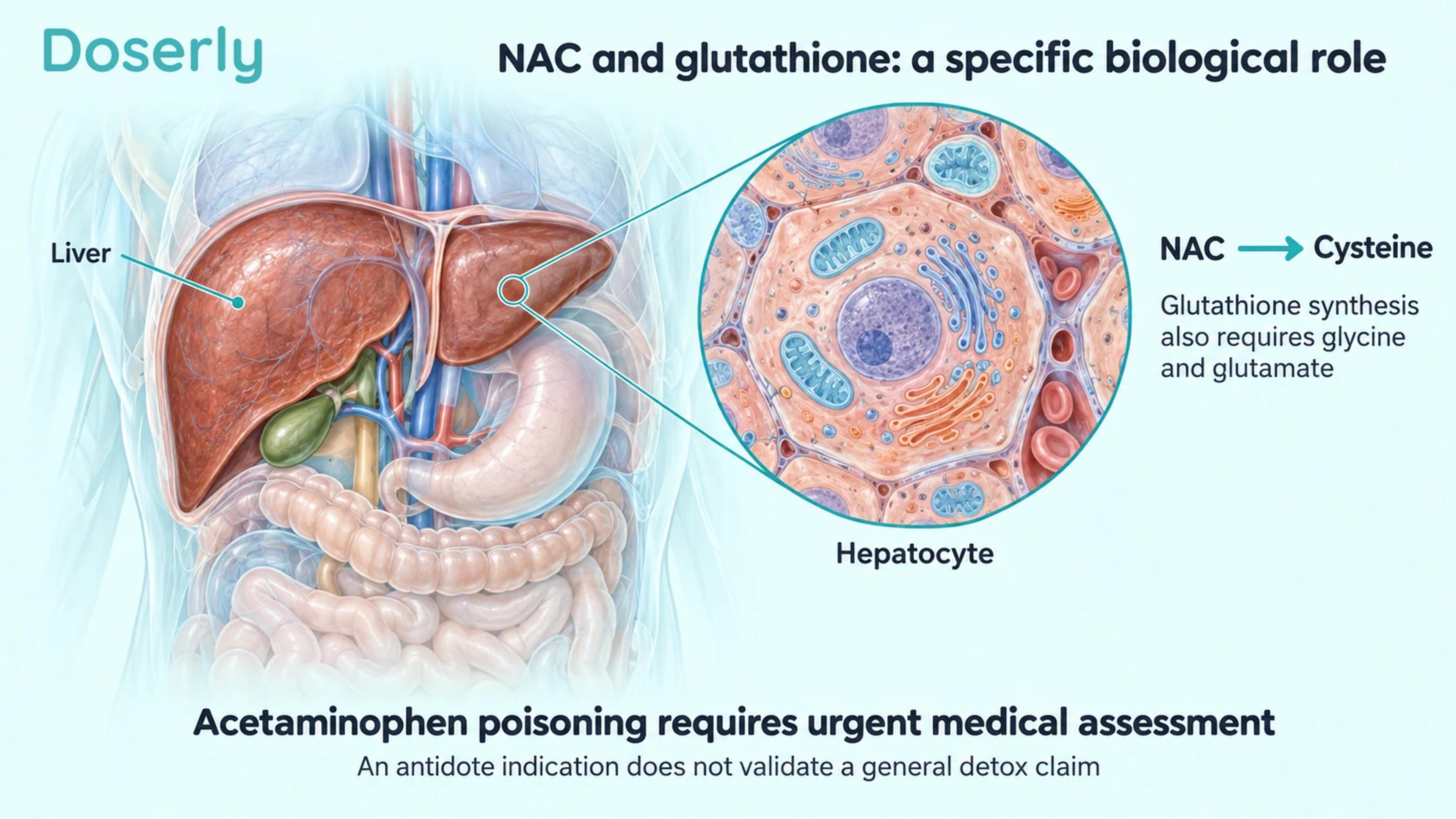 A detailed liver and hepatocyte illustration shows NAC as a source of cysteine and notes the additional building blocks needed for glutathione synthesis.