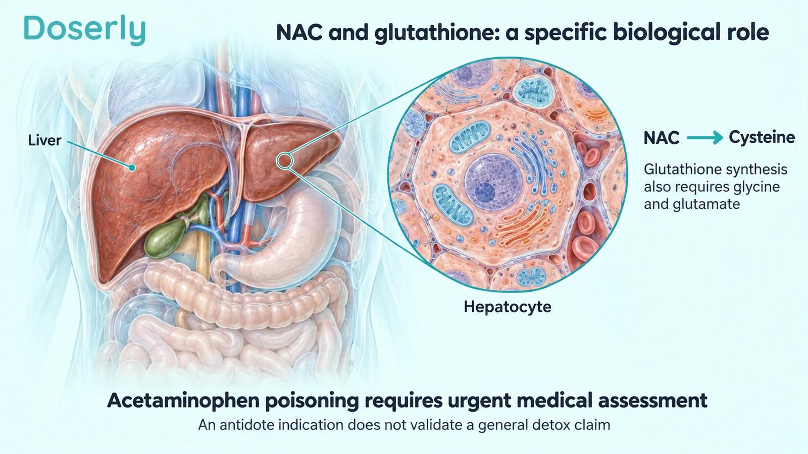 A detailed liver and hepatocyte illustration shows NAC as a source of cysteine and notes the additional building blocks needed for glutathione synthesis.