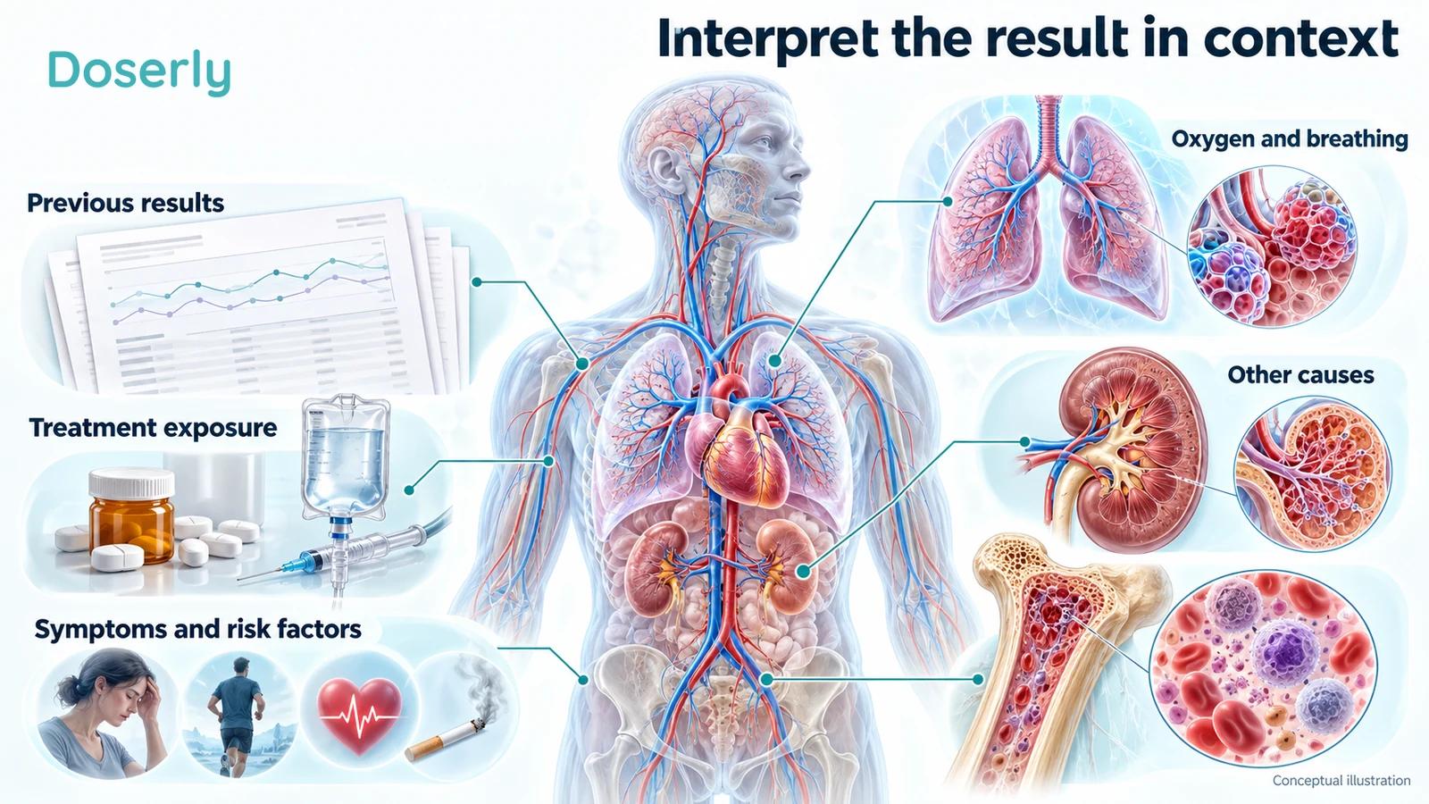 Blood-count history, treatment exposure, breathing and other clinical factors surround a detailed circulatory illustration.