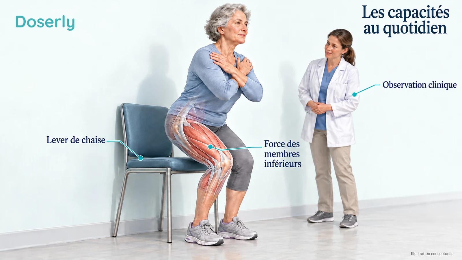 Une personne âgée commence à se lever d’une chaise pendant qu’un clinicien l’observe dans un espace d’évaluation dégagé.