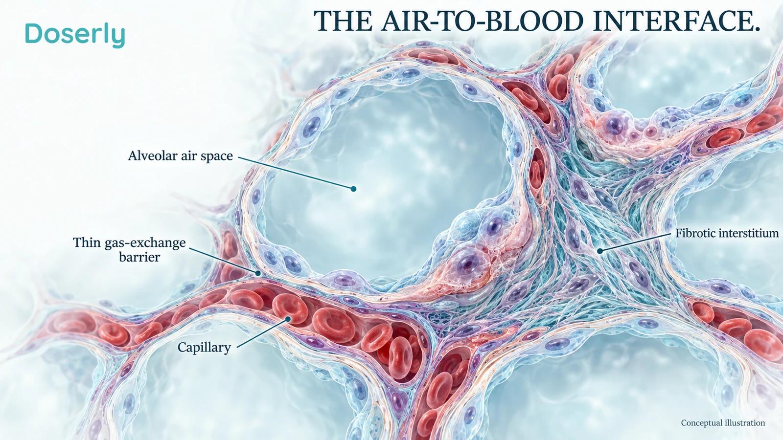 Alveoli and adjacent capillaries with a localized region of thickened fibrotic interstitium and stressed epithelial cells