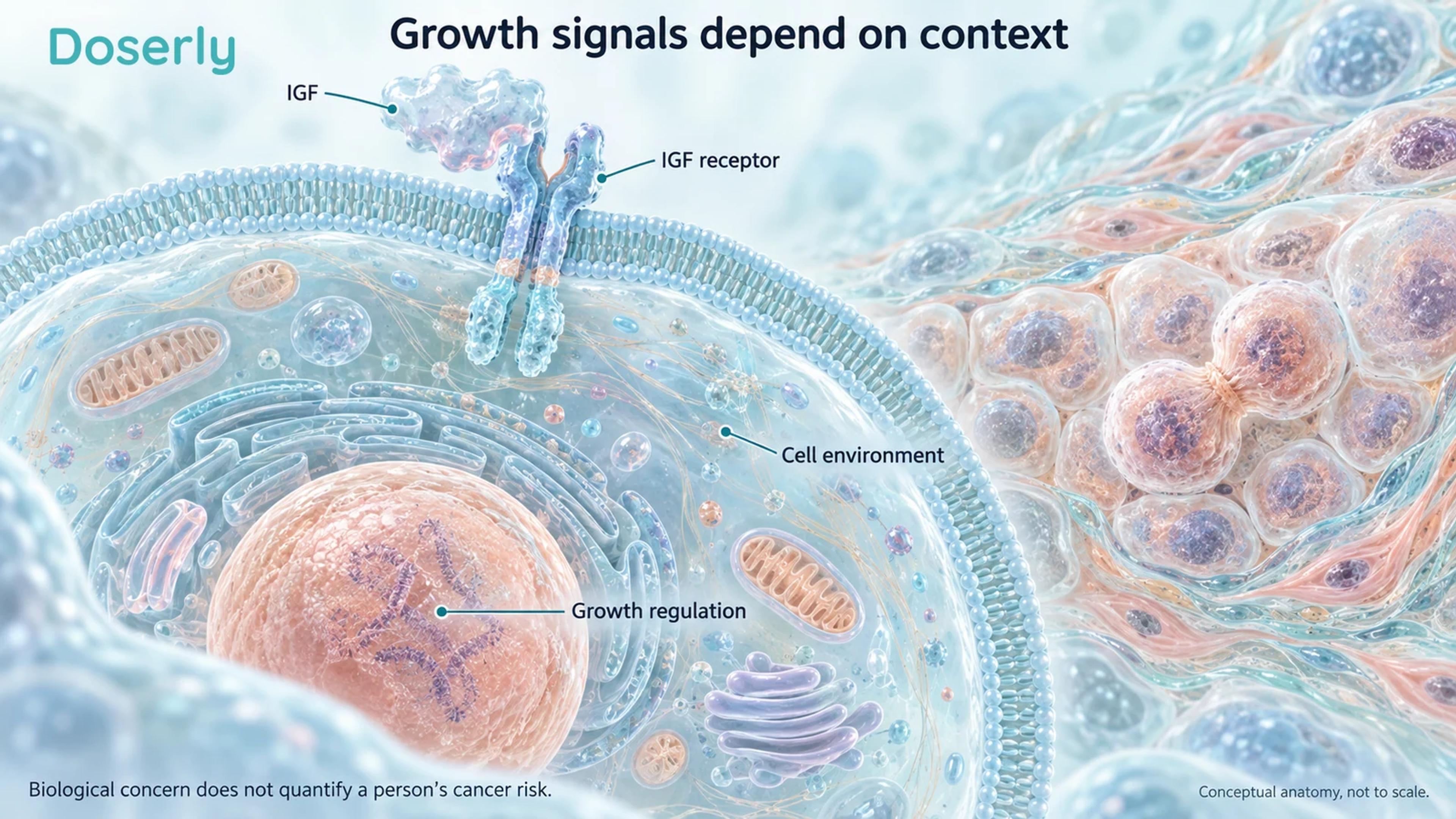 Conceptual IGF receptor in a cell membrane beside detailed tissue and cellular structures.
