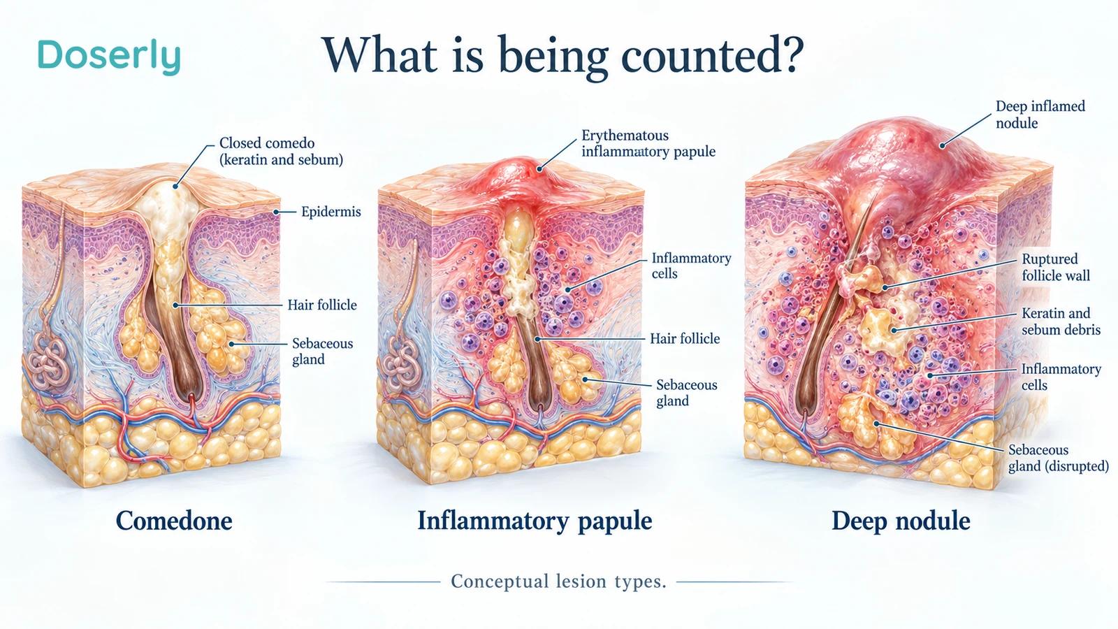 Separate skin sections show a closed comedone, an inflammatory papule and a deeper inflammatory nodule.