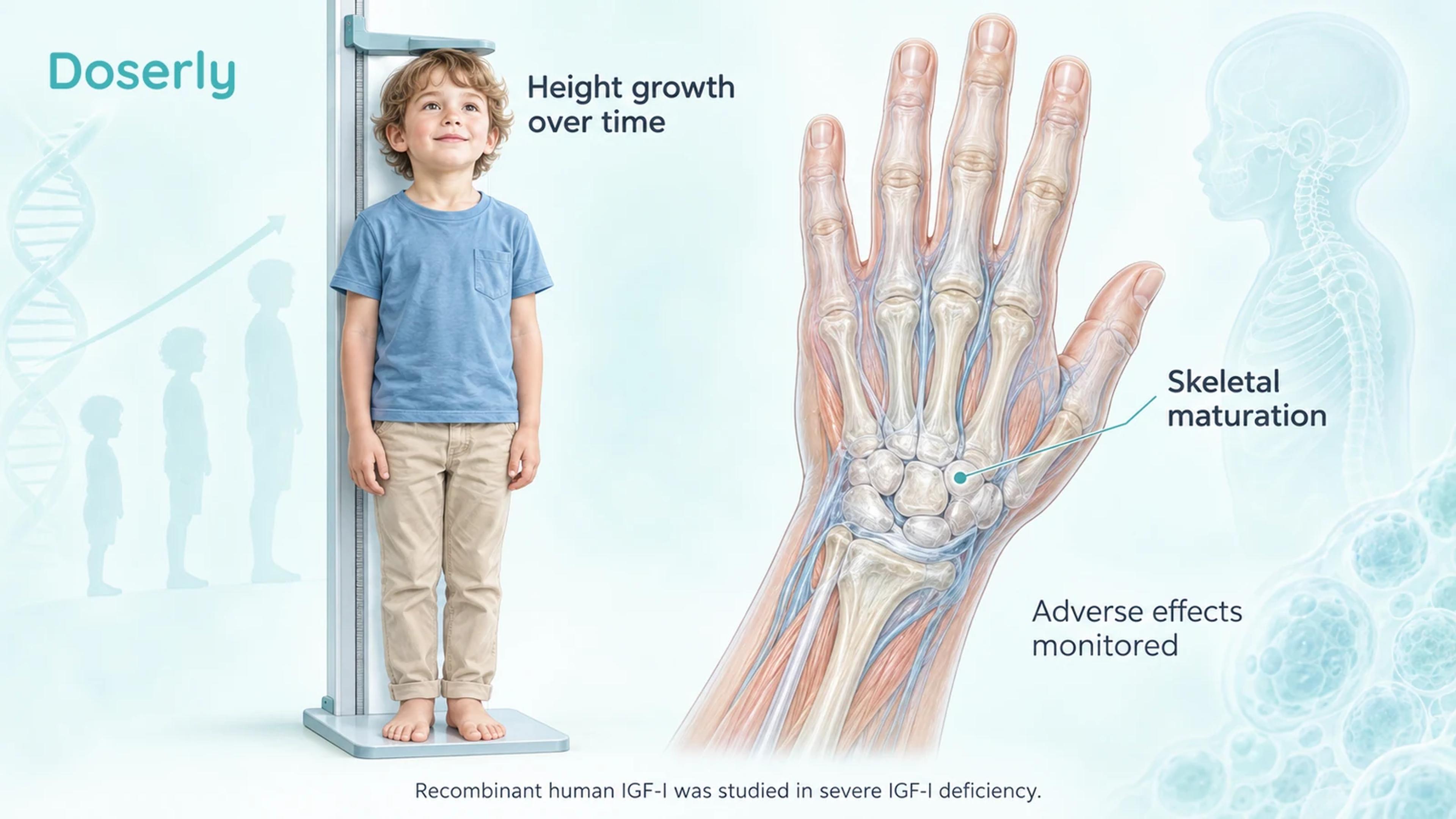 Illustrated child at a height measure beside hand and wrist skeletal anatomy