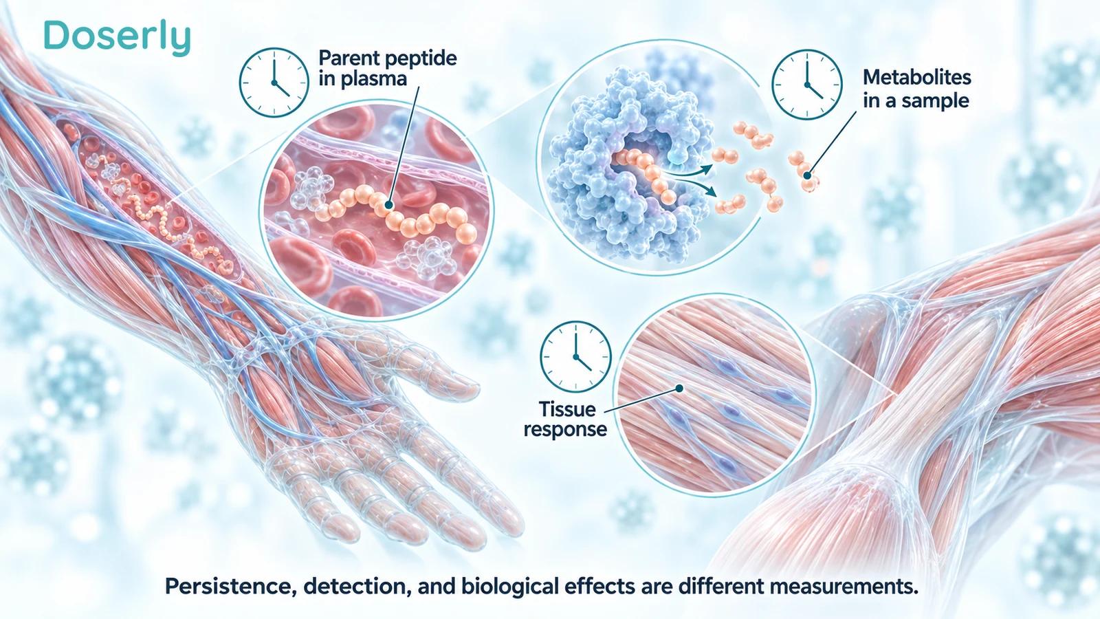 Detailed vascular and tissue illustration separating parent peptide, metabolites, and tissue response
