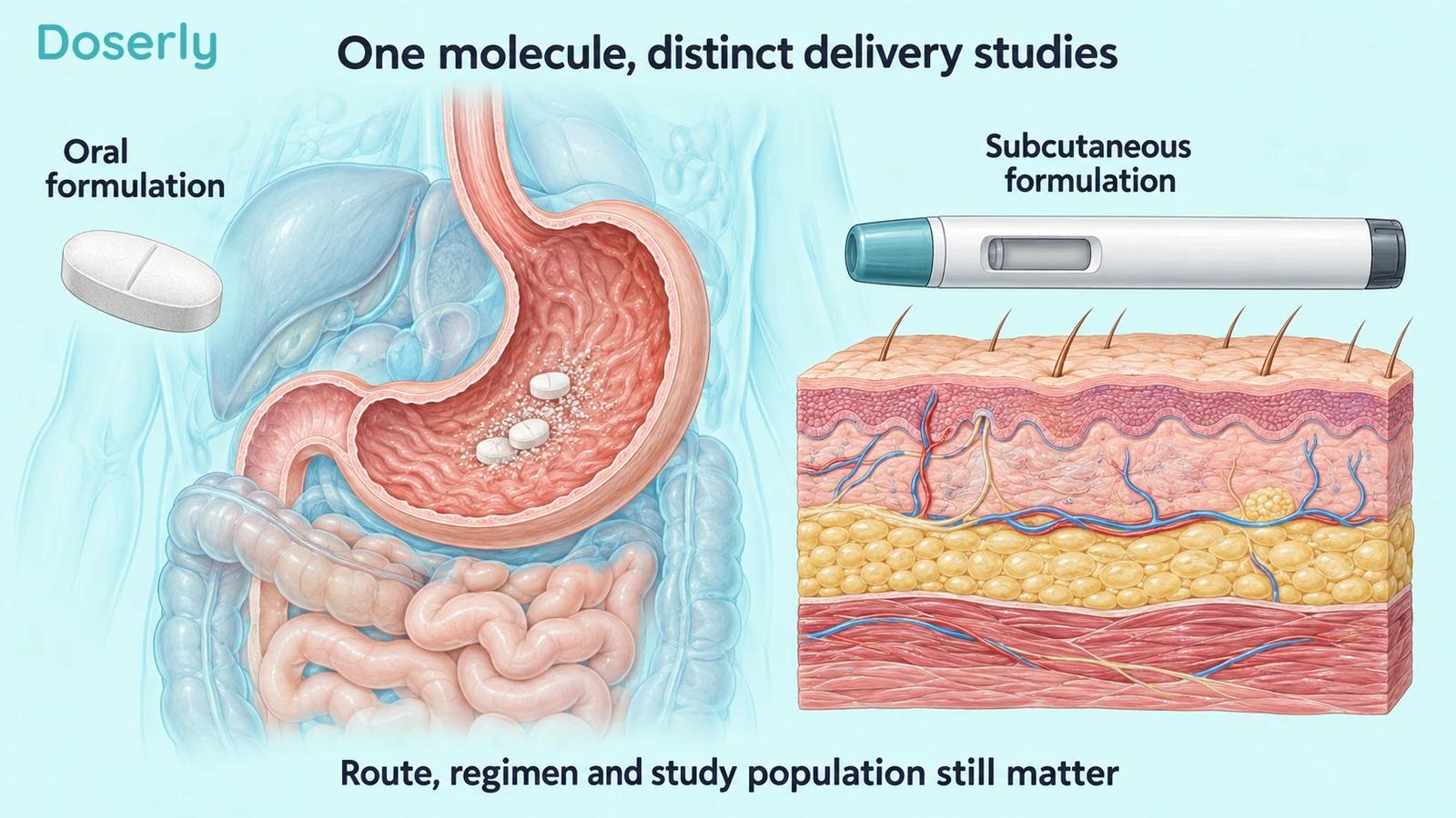 Conceptual tablet and stomach beside a generic closed injection pen and skin cross-section.