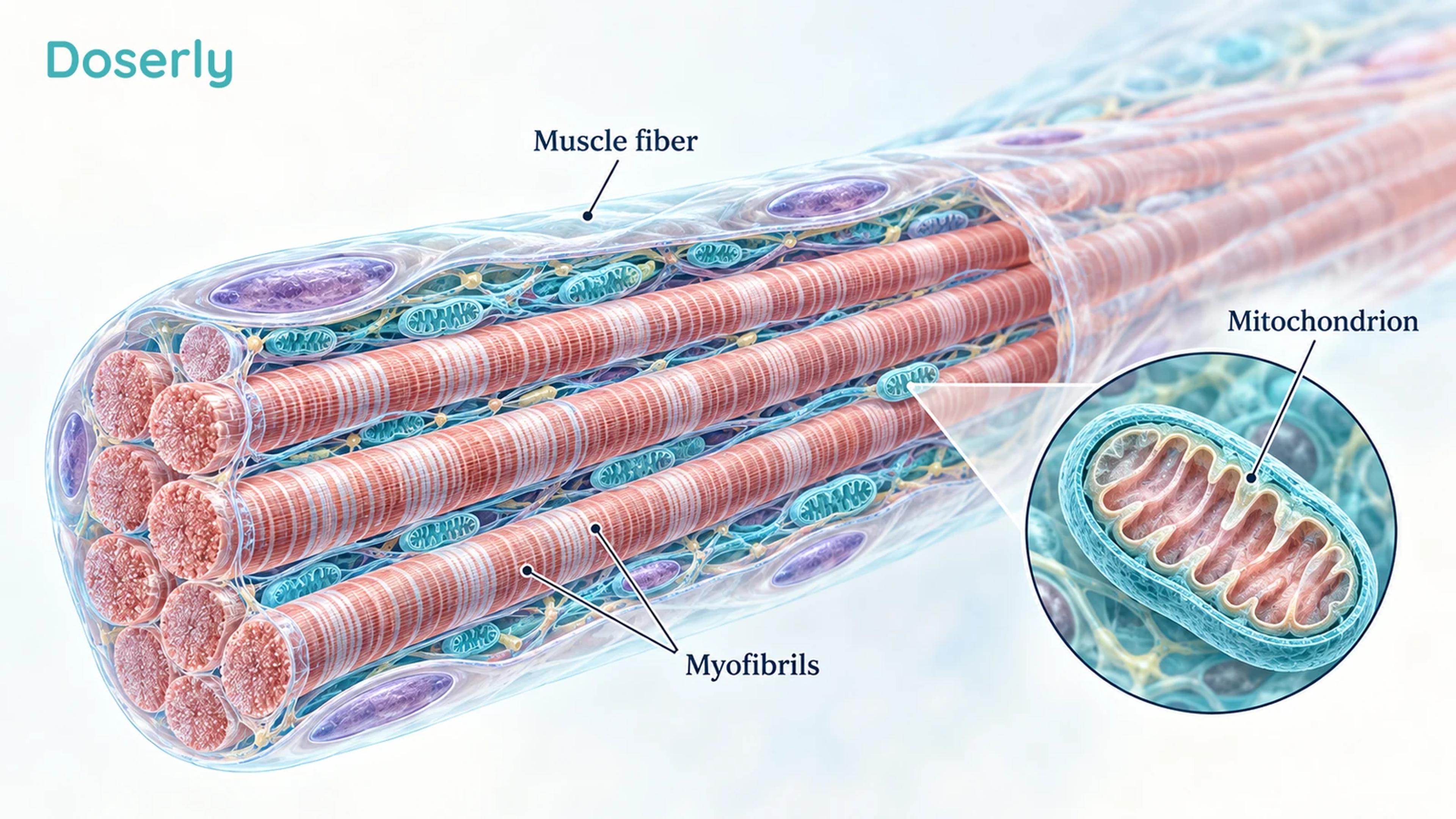 Conceptual skeletal muscle anatomy shows a muscle fiber with an inset of mitochondria between its contractile structures.