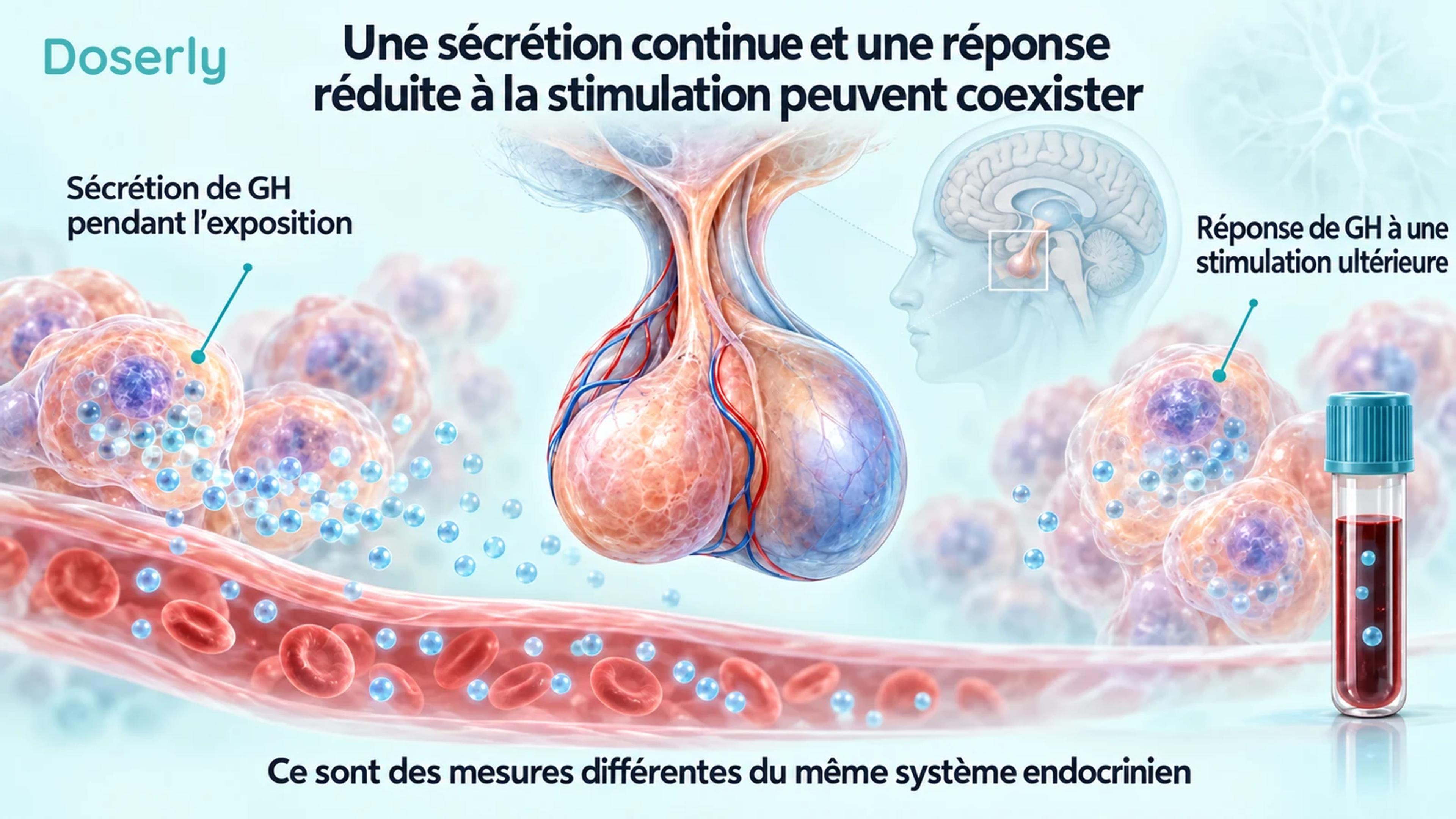Une hypophyse, des cellules sécrétrices schématiques et des prélèvements sanguins distinguent la sécrétion continue de la réponse à une stimulation ultérieure.