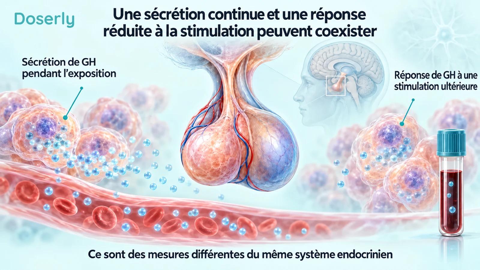 Une hypophyse, des cellules sécrétrices schématiques et des prélèvements sanguins distinguent la sécrétion continue de la réponse à une stimulation ultérieure.