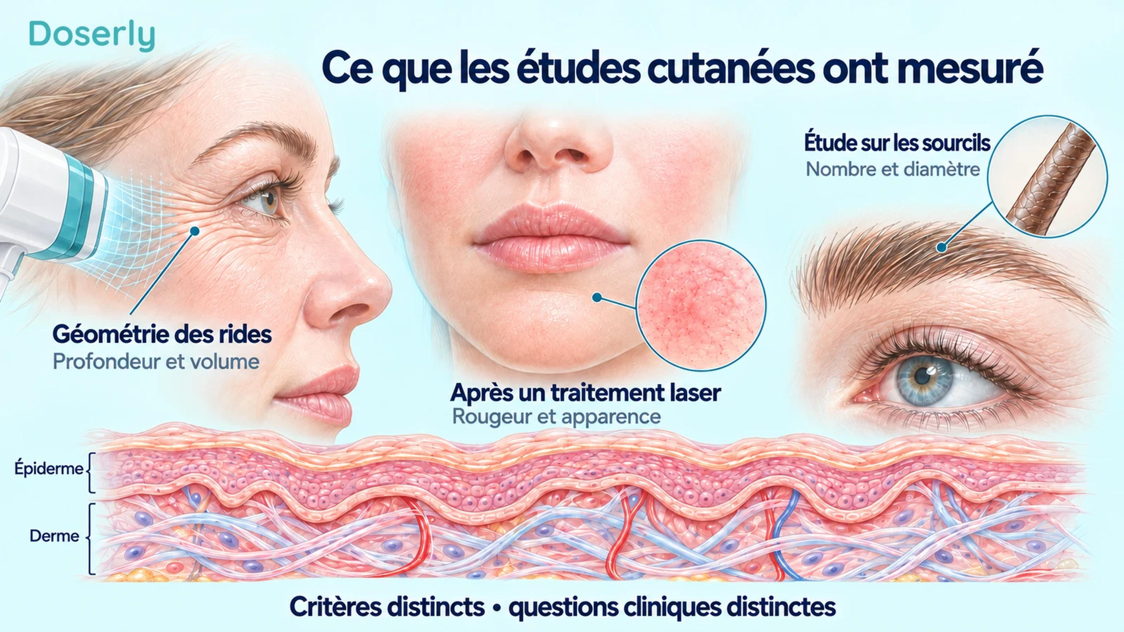 Illustrations détaillées de l’analyse des rides du visage, de l’évaluation de la peau après laser et de la mesure des poils des sourcils