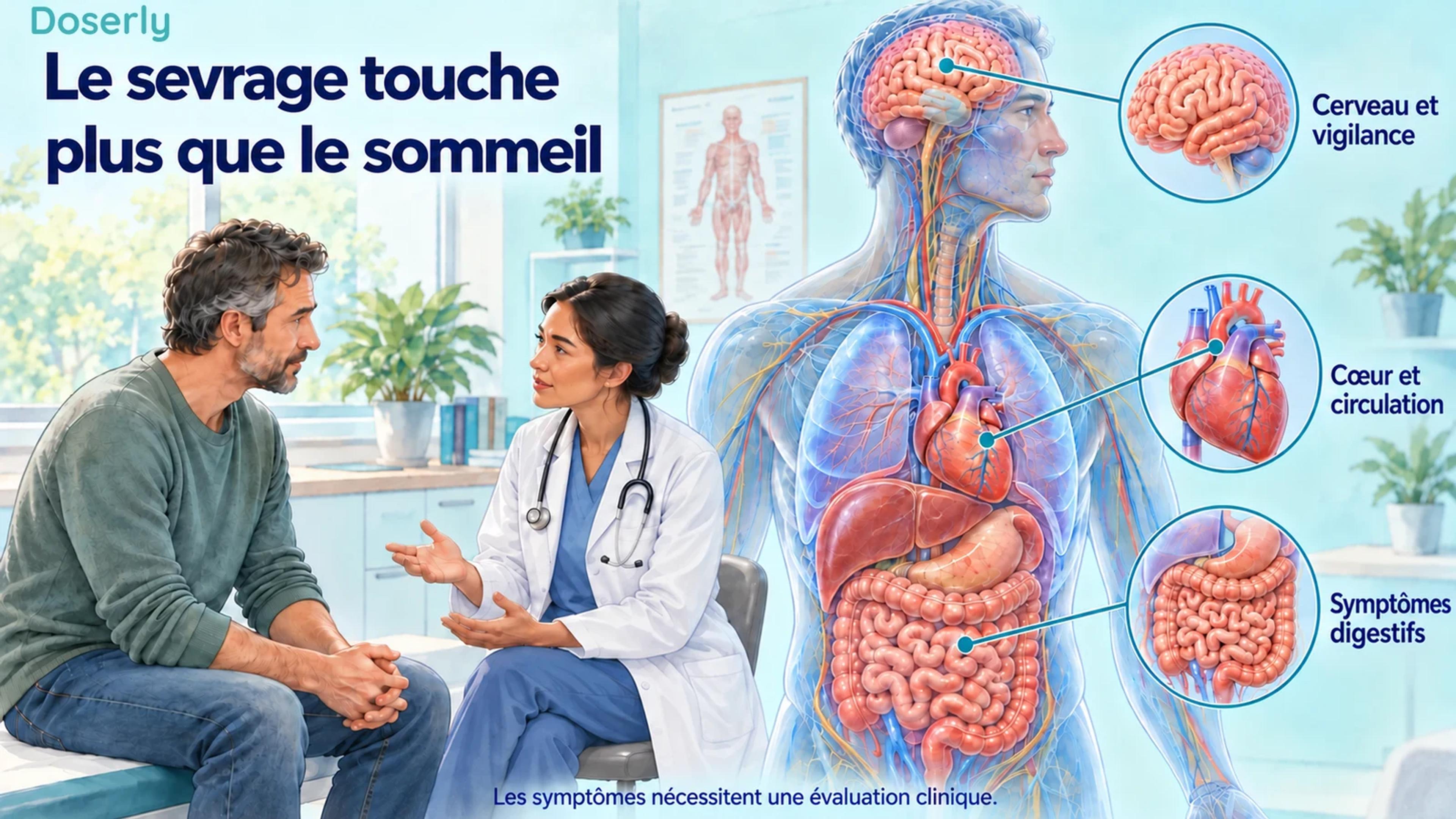 Un clinicien évalue un adulte à côté d’une illustration translucide du corps mettant en évidence le cerveau, le cœur et le système digestif.