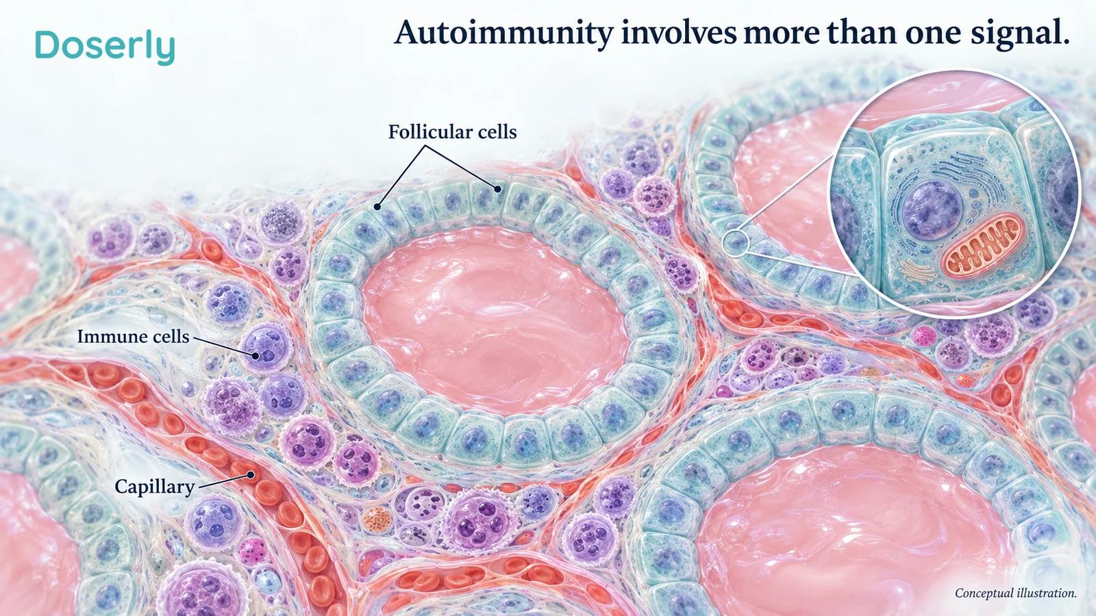 A conceptual thyroid follicle is surrounded by immune cells and small blood vessels.