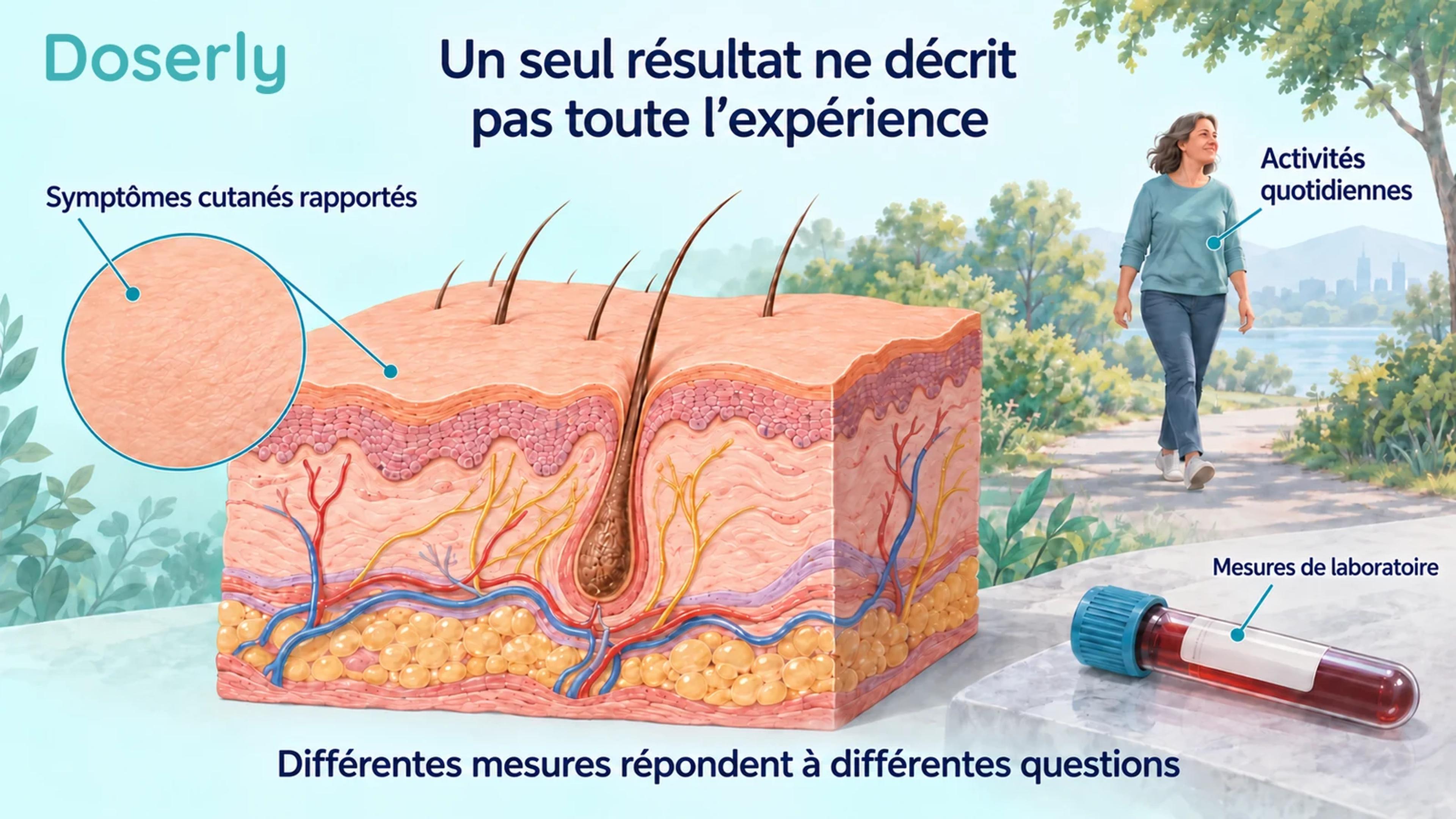 Un tissu cutané illustré, une personne marchant dehors et un échantillon de laboratoire représentent différents types d’information sur les résultats.