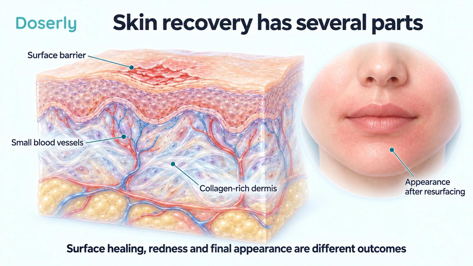Detailed skin layers with a superficially disrupted barrier, blood vessels and collagen-rich dermis beside a lower face with redness.