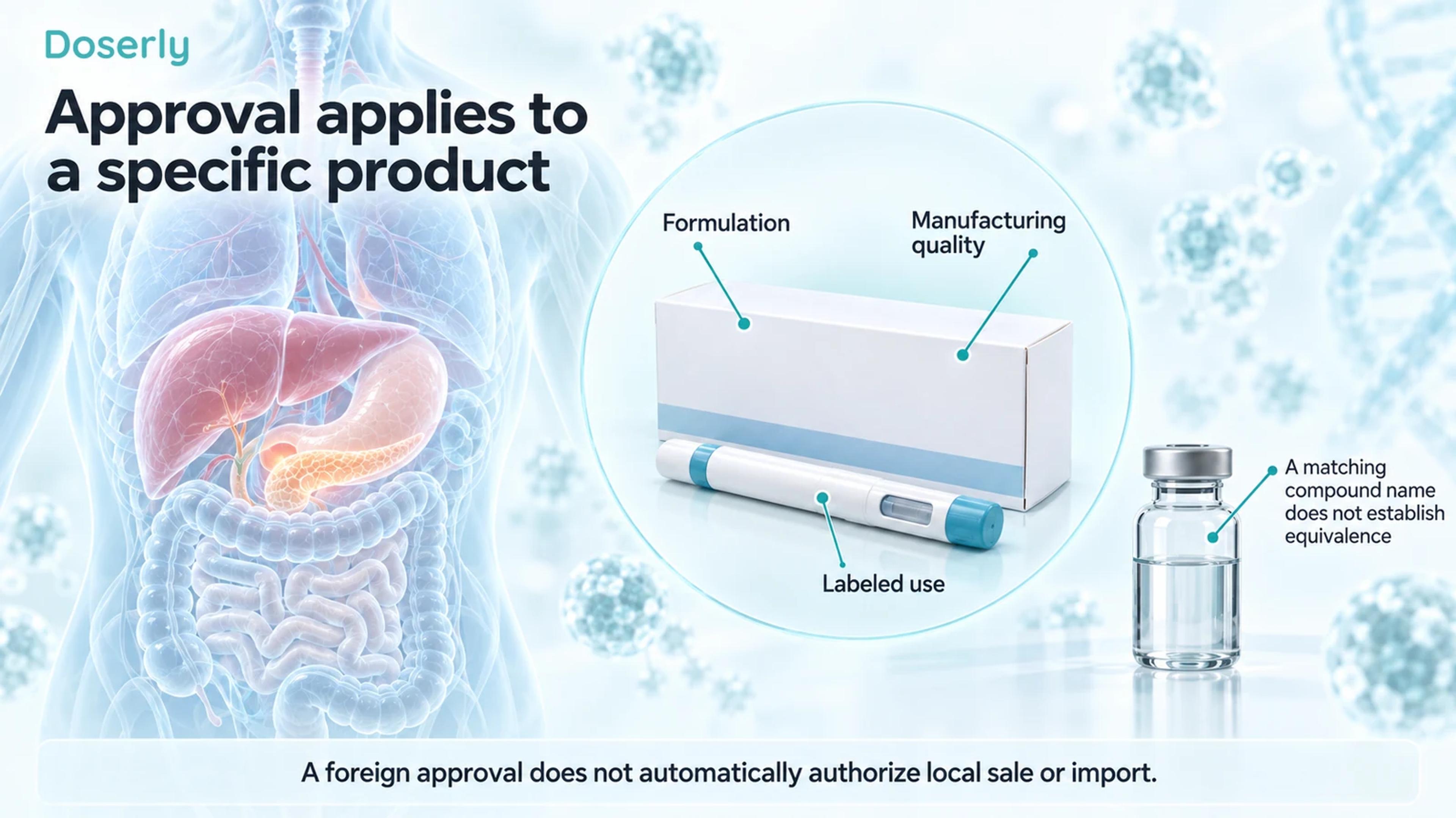 Detailed anatomical illustration beside a generic medicine package, injector and vial, explaining that approval applies to a specific formulation, manufacturing quality and labeled use.