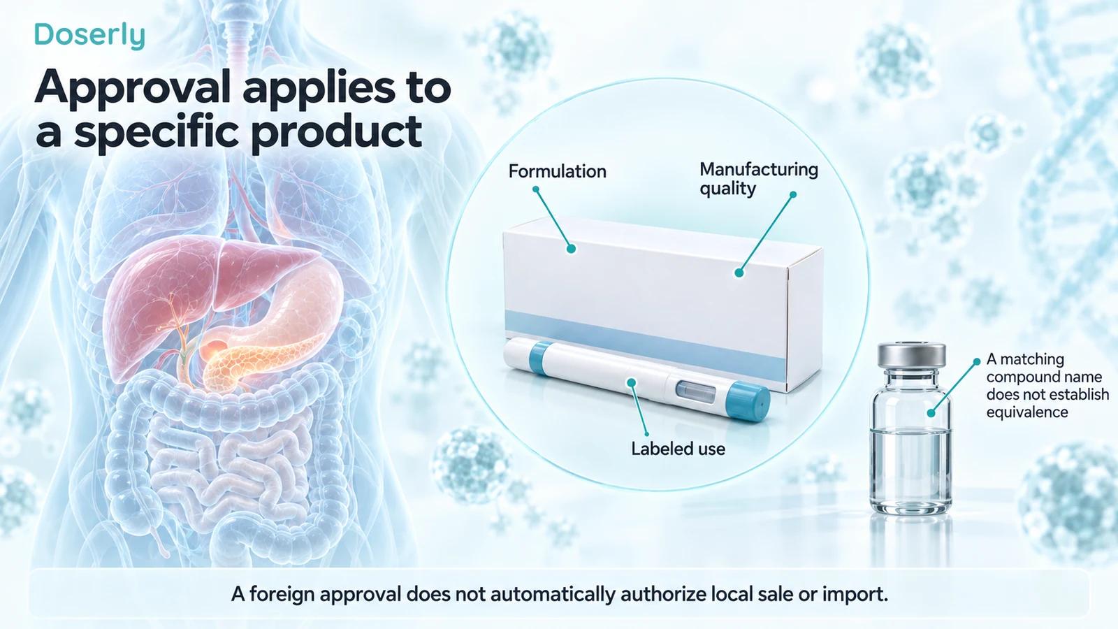 Detailed anatomical illustration beside a generic medicine package, injector and vial, explaining that approval applies to a specific formulation, manufacturing quality and labeled use.