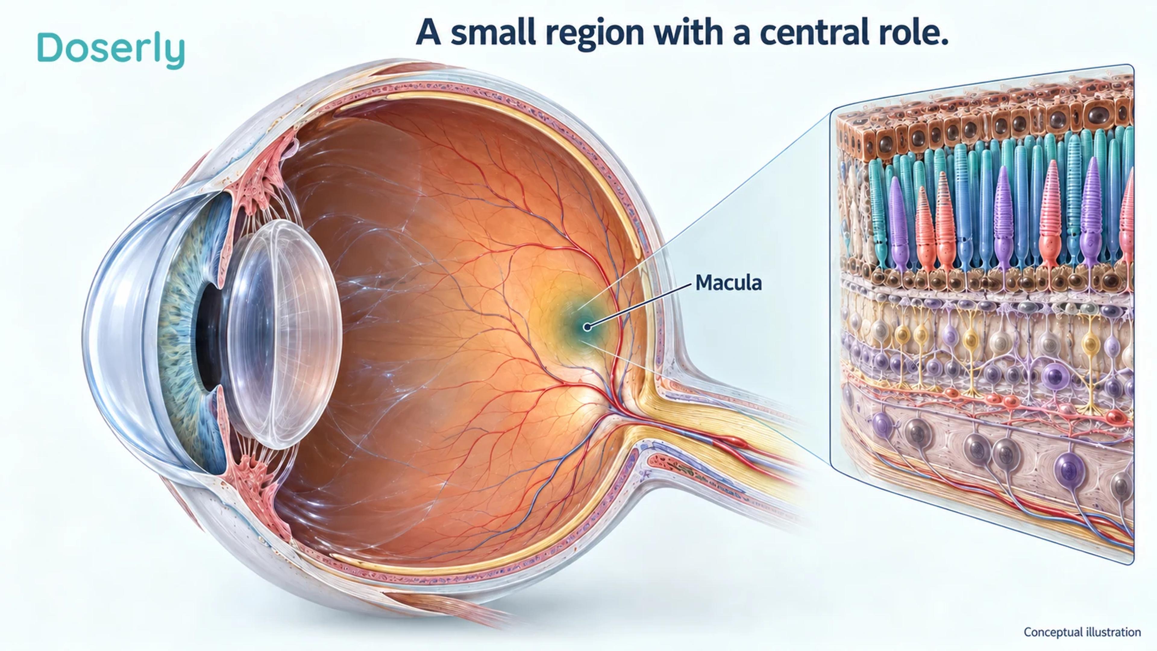 A human eye cutaway locates the macula within the retina beside an enlarged anatomical retinal model.