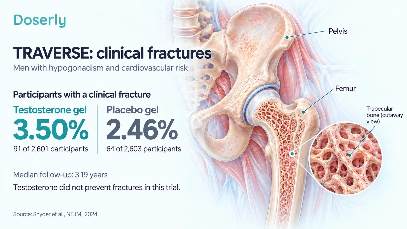 TRAVERSE clinical fracture results beside detailed pelvis and femur anatomy: 3.50 percent with testosterone gel and 2.46 percent with placebo.