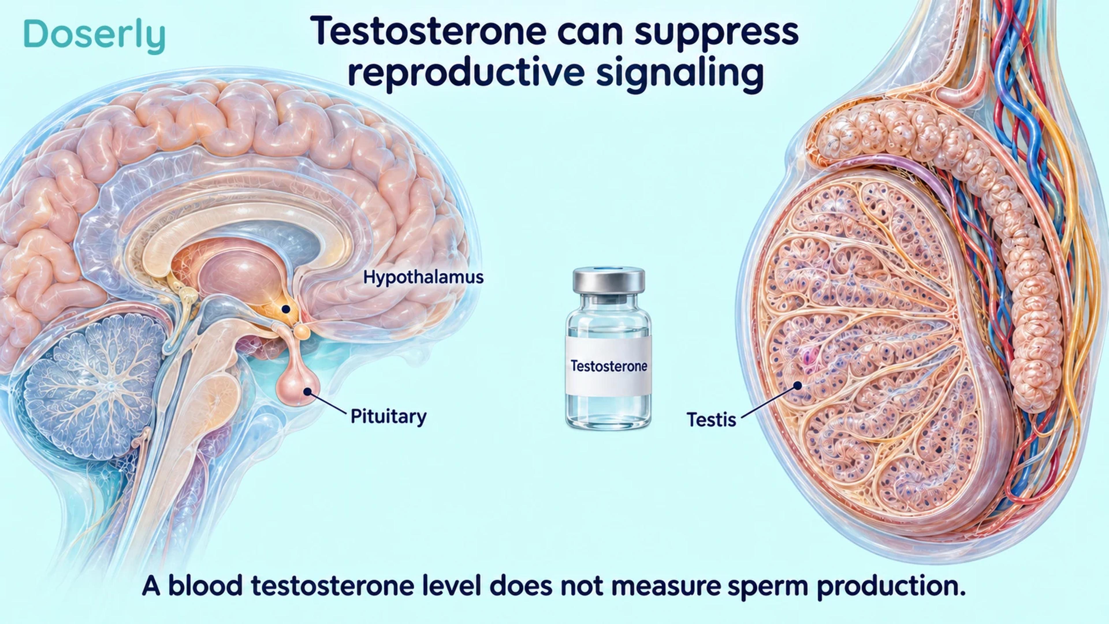 Detailed hypothalamus, pituitary and testis anatomy beside a conceptual testosterone vial, illustrating the structures affected by reproductive feedback.