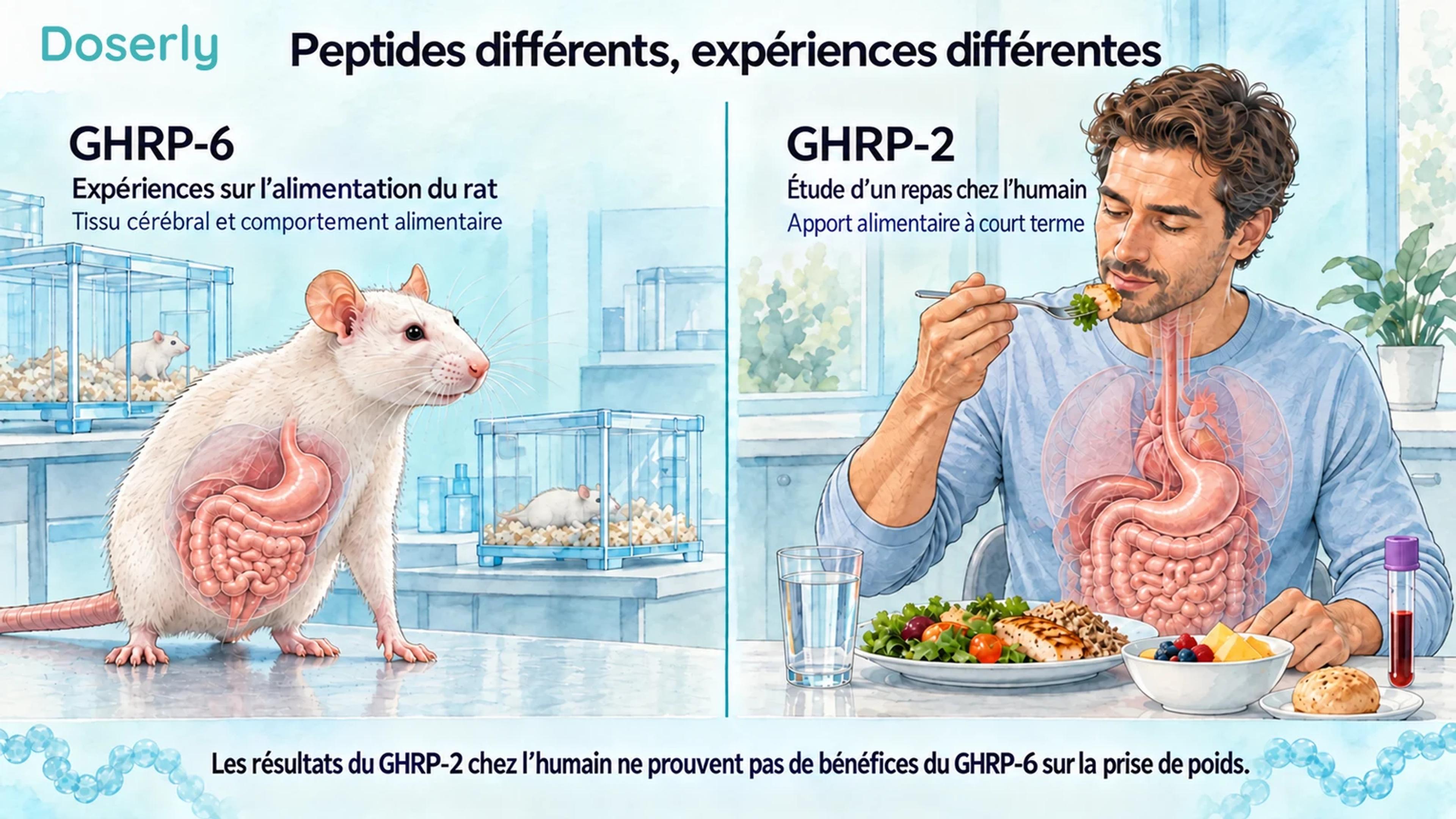 Un rat de laboratoire et, dans une scène distincte, un participant humain consommant un repas mesuré, pour distinguer la recherche animale sur le GHRP-6 de la recherche humaine sur le GHRP-2.