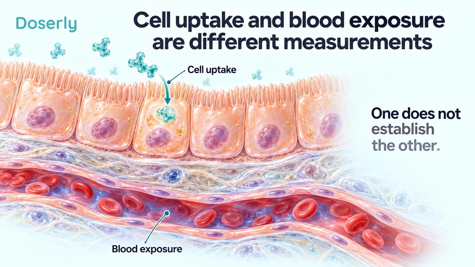 An intestinal lining cutaway separates a cellular uptake illustration from a blood vessel beneath the tissue.