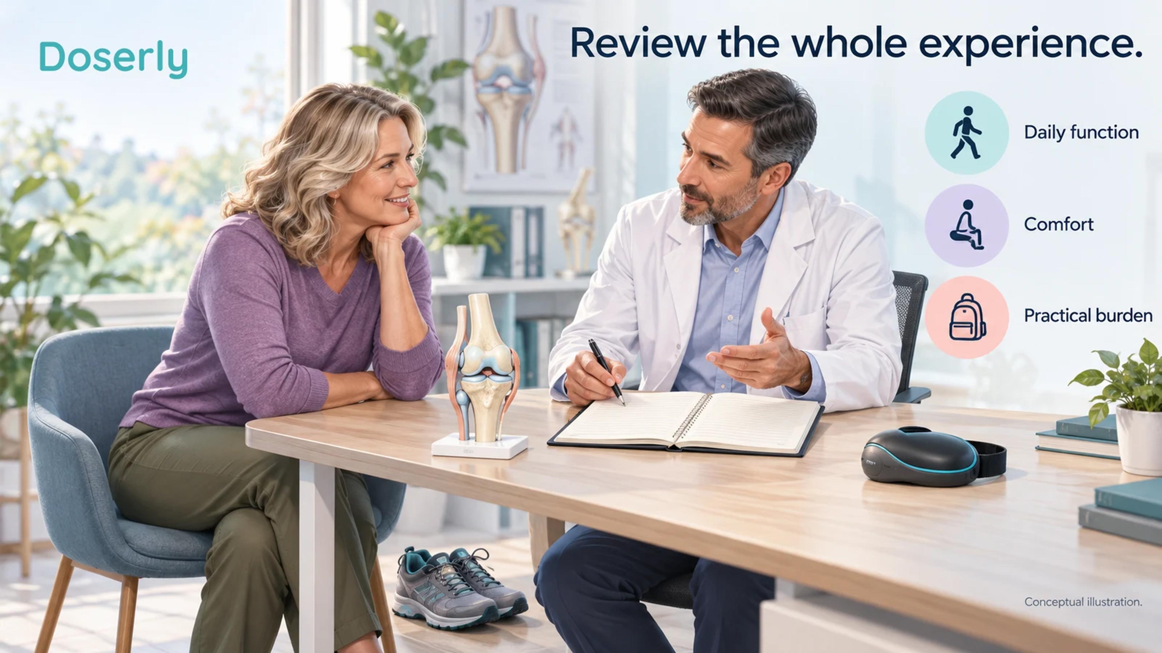 An adult and clinician review a short diary beside a knee model, walking shoes and an unlit light device.