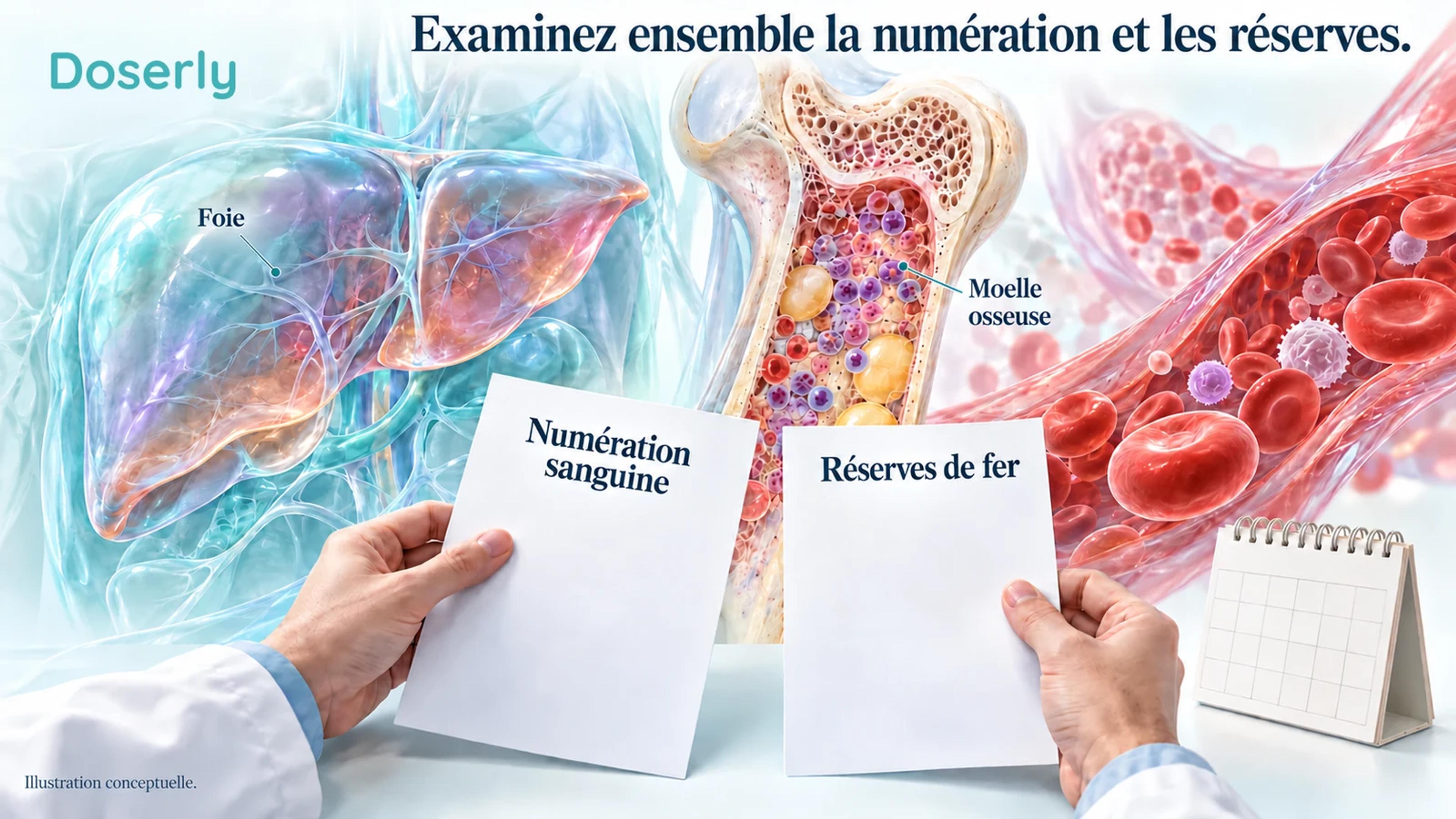 La moelle osseuse, le foie et un petit vaisseau sanguin entourent les mains d’un clinicien qui examine des dossiers distincts de numération sanguine et de réserves de fer.