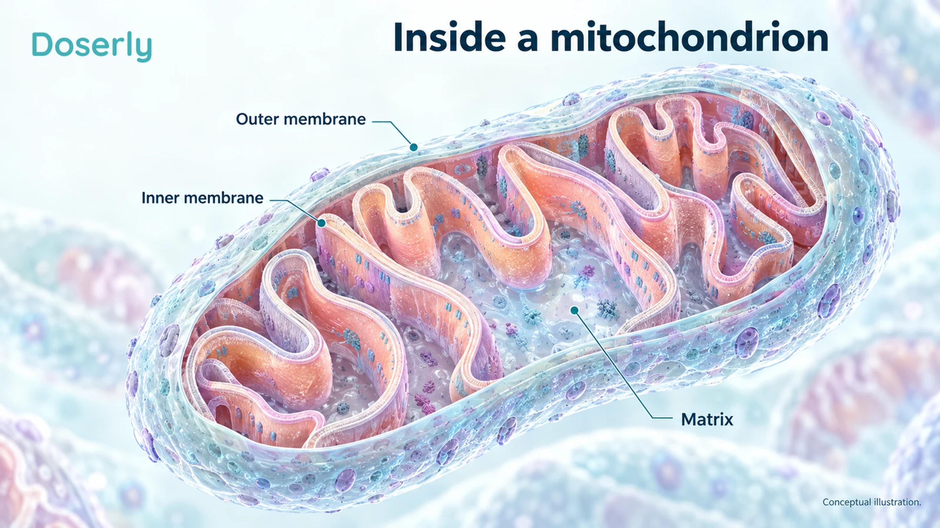 Detailed conceptual mitochondrion with outer membrane, folded inner membrane and internal matrix.