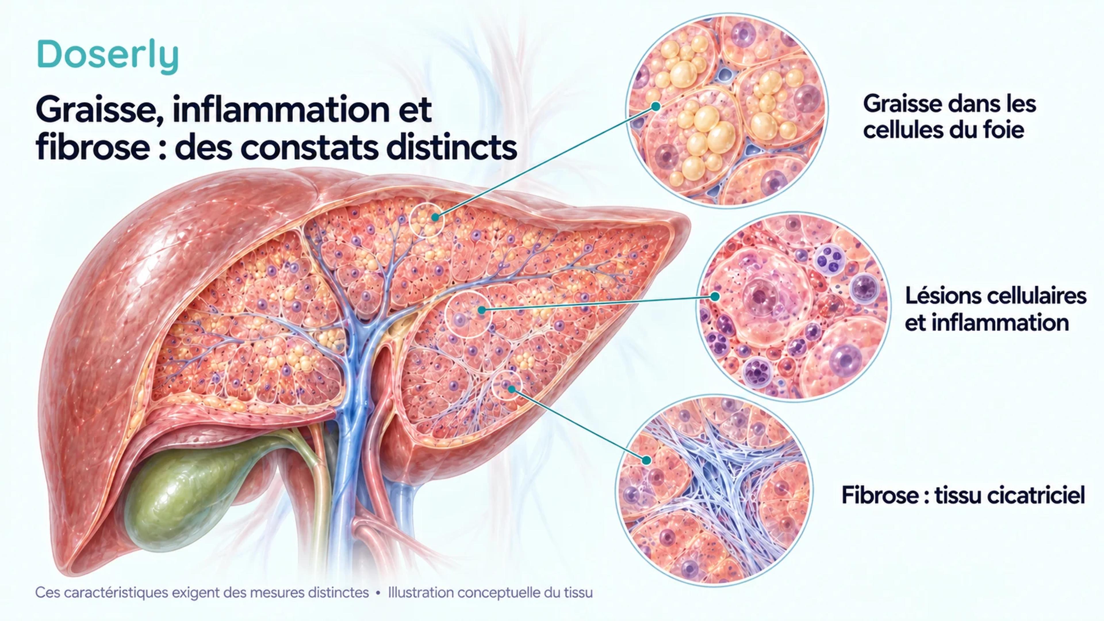 Vue en coupe détaillée du foie avec des agrandissements distincts de gouttelettes de graisse, de cellules lésées avec inflammation et de tissu cicatriciel de collagène.