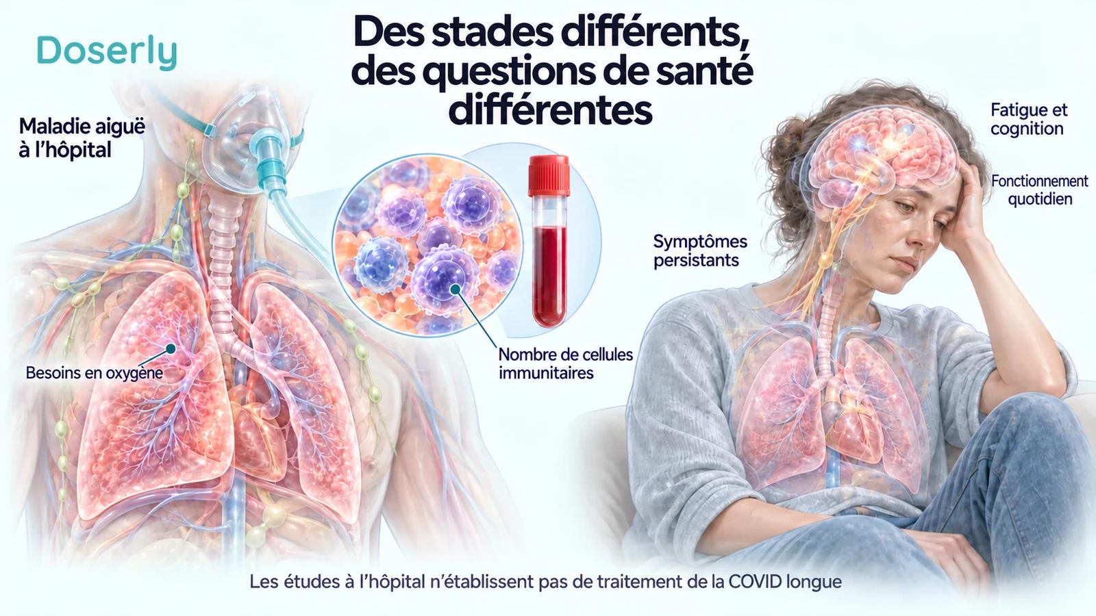 Anatomie pulmonaire translucide et prélèvement de cellules immunitaires à côté d’une personne vivant avec une fatigue et des symptômes cognitifs persistants.