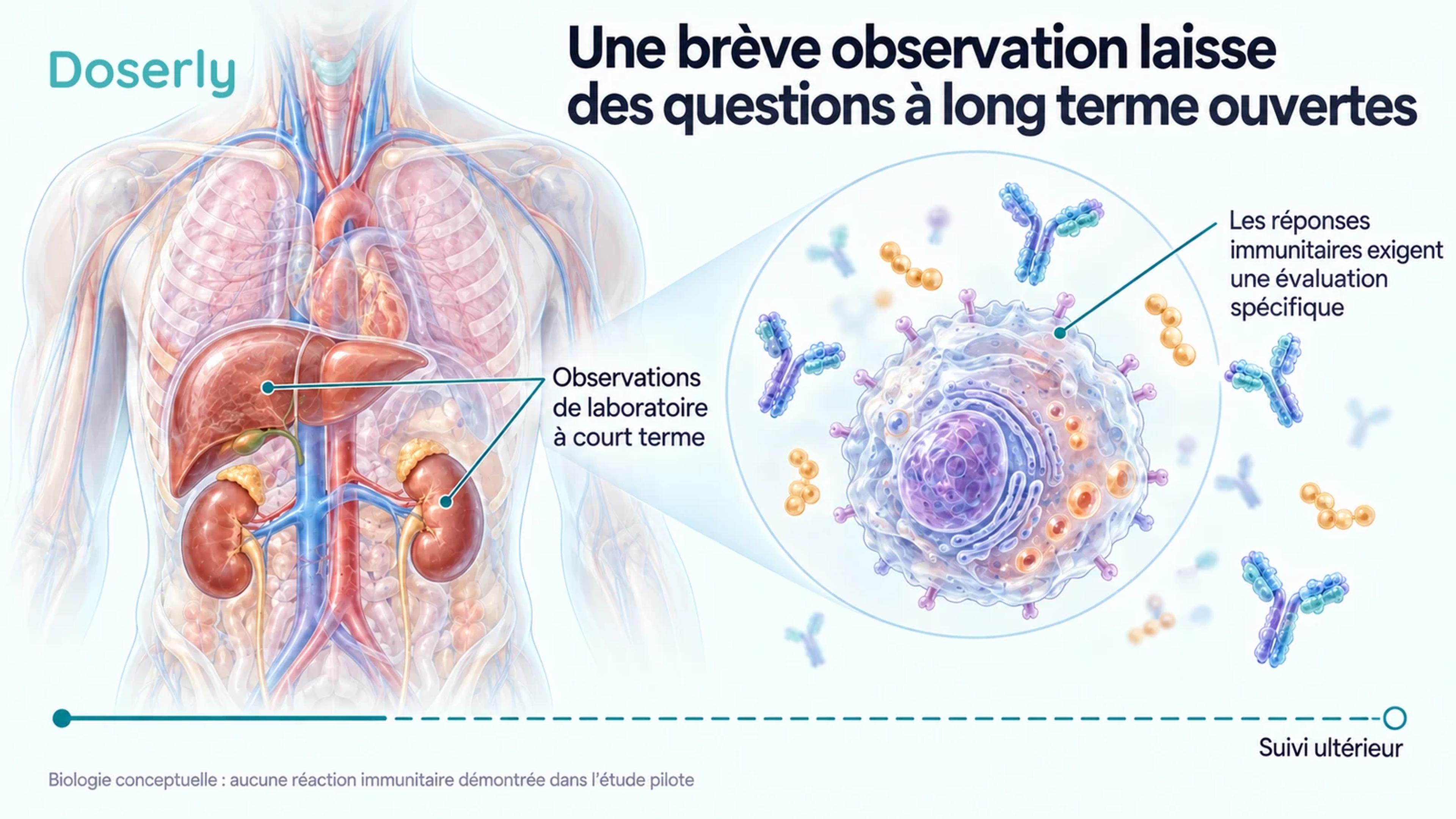 Un torse translucide et une illustration conceptuelle d’une cellule immunitaire présentent l’observation à court terme par analyses de laboratoire aux côtés de questions nécessitant une évaluation ultérieure et spécifique.