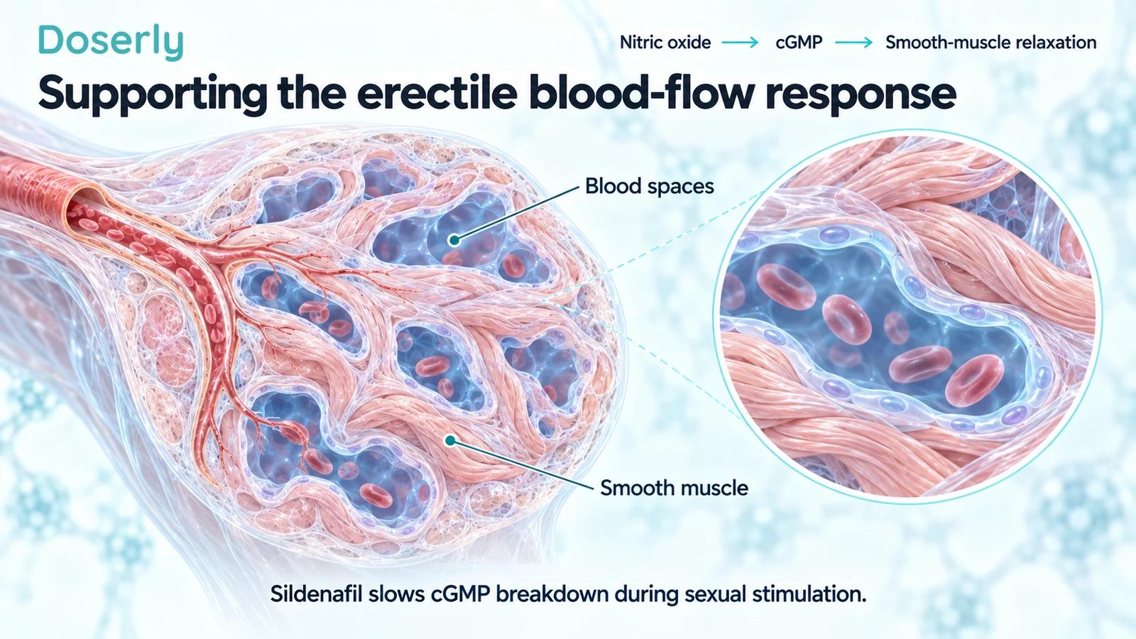 Clinical microanatomy of cavernous erectile tissue showing blood spaces, smooth muscle and the nitric-oxide–cGMP signaling sequence.