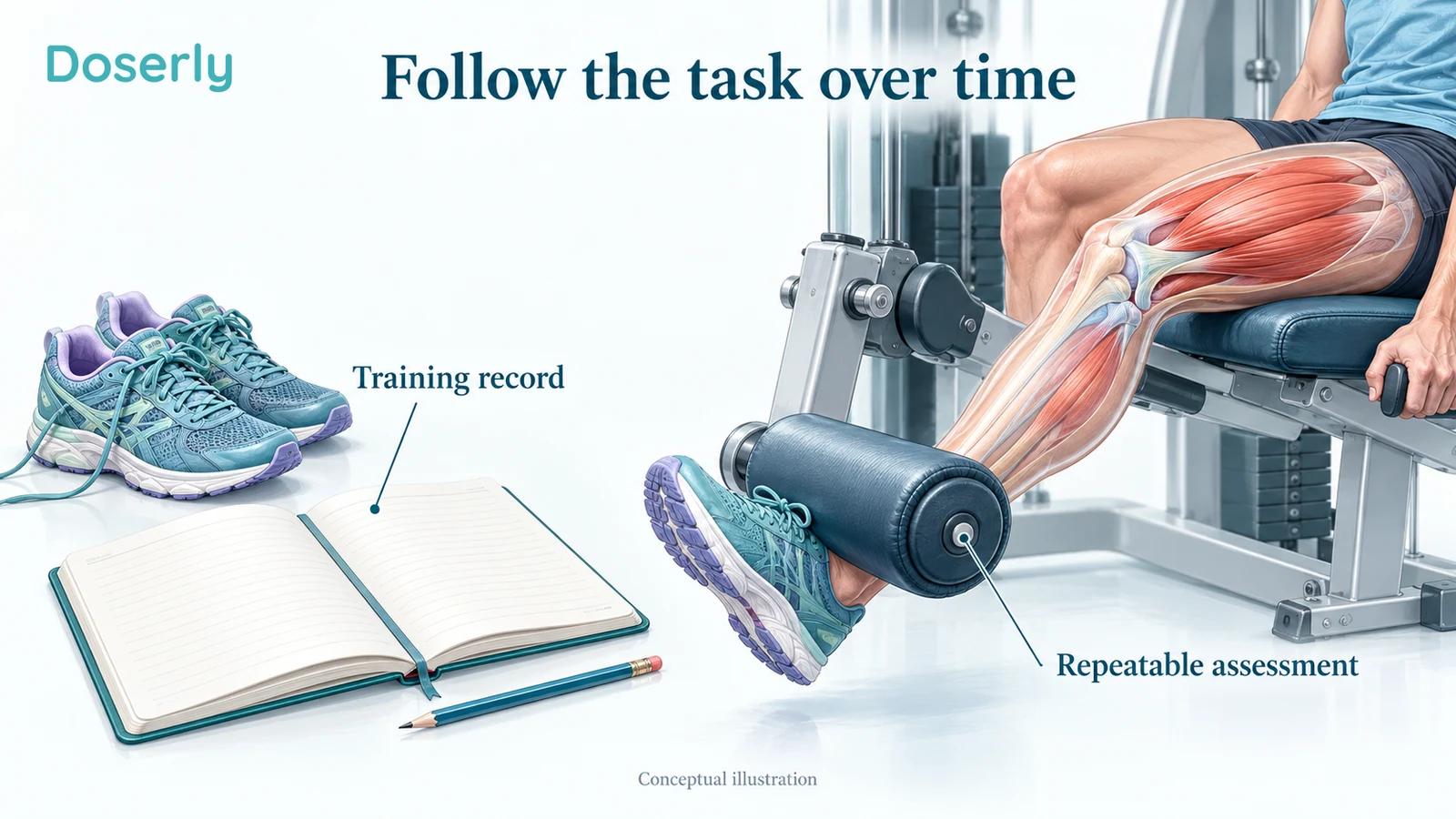 Detailed illustration of a training log beside a controlled leg-strength assessment and running shoes, with no scores or claimed results.