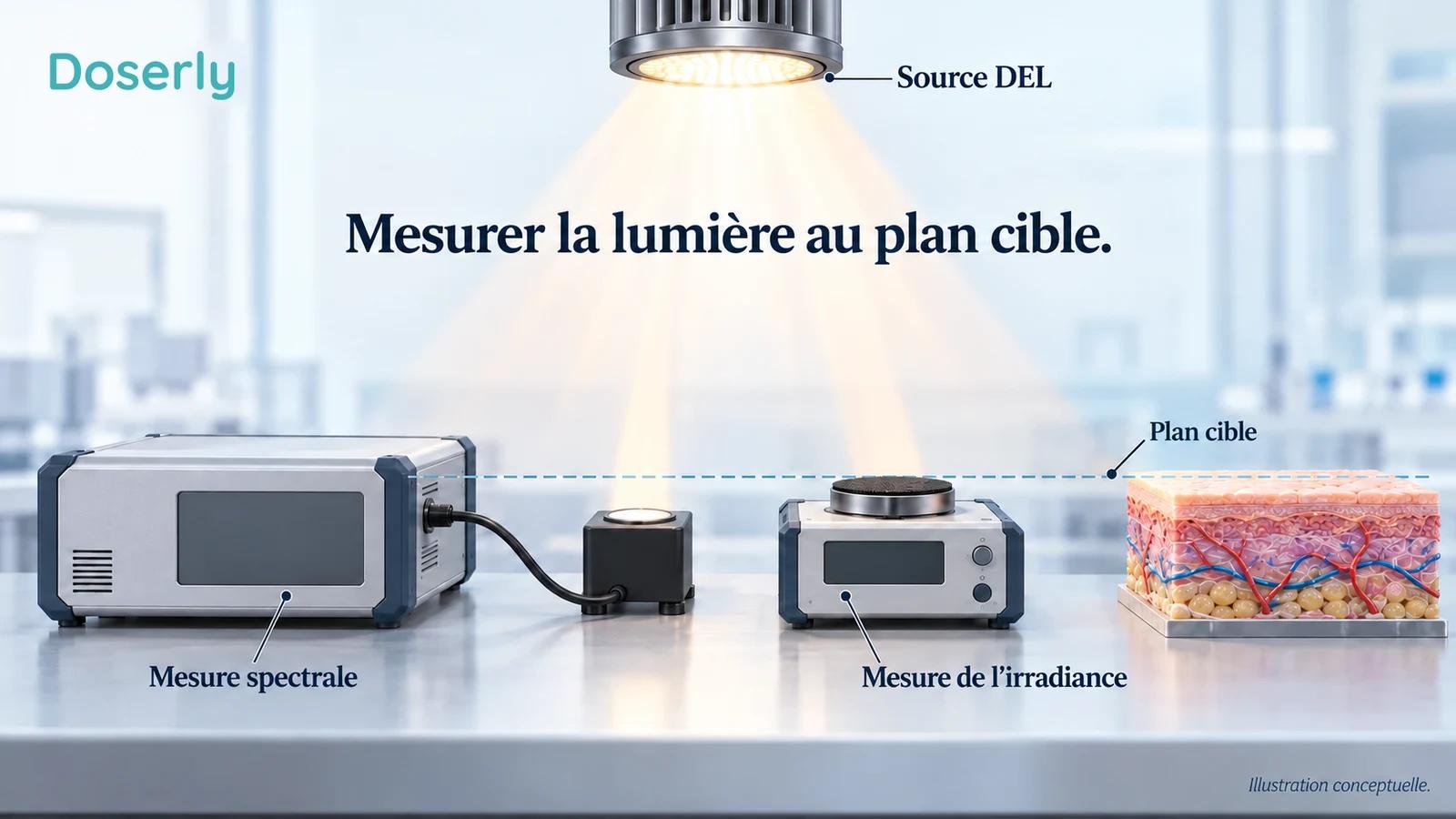 Un spectromètre, un détecteur optique étalonné et un modèle de peau illustrent des questions distinctes sur le spectre et la lumière fournie.