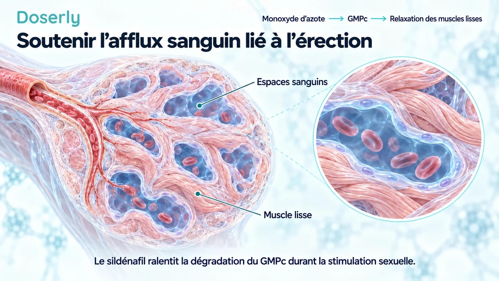 Microanatomie clinique du tissu érectile caverneux montrant les espaces sanguins, les muscles lisses et la séquence de signalisation monoxyde d’azote–GMPc.