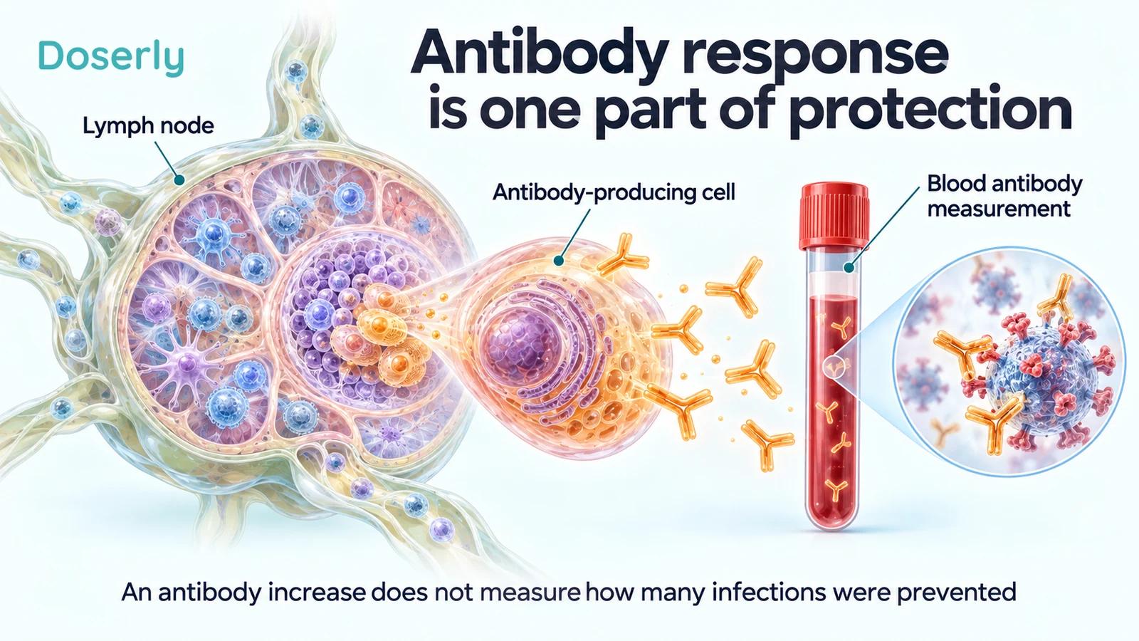 A lymph node, antibody-producing cell and blood sample illustrate antibody testing after vaccination.