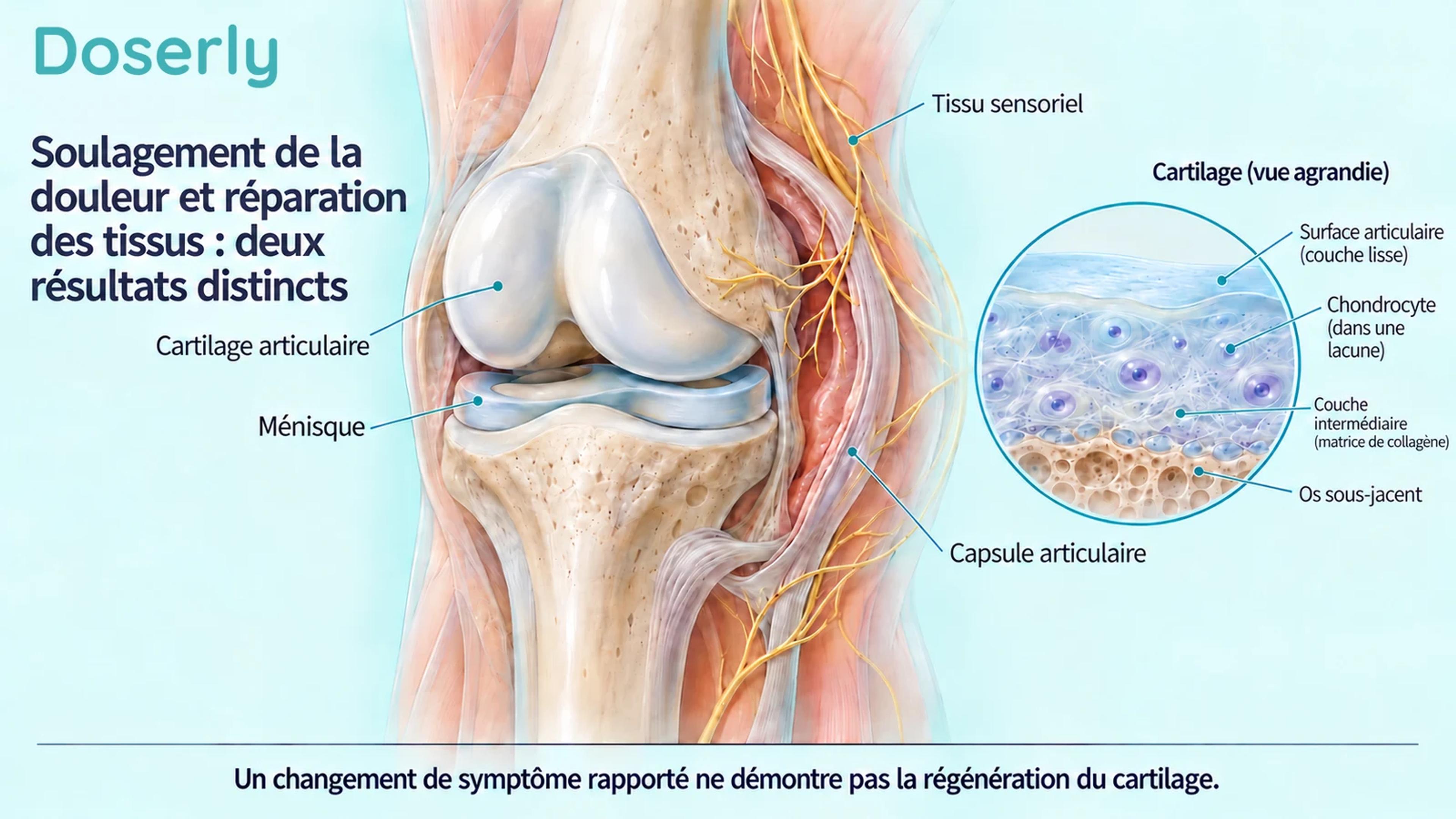 Articulation du genou détaillée montrant le cartilage, le ménisque, la capsule et le tissu sensoriel, avec un agrandissement du cartilage.
