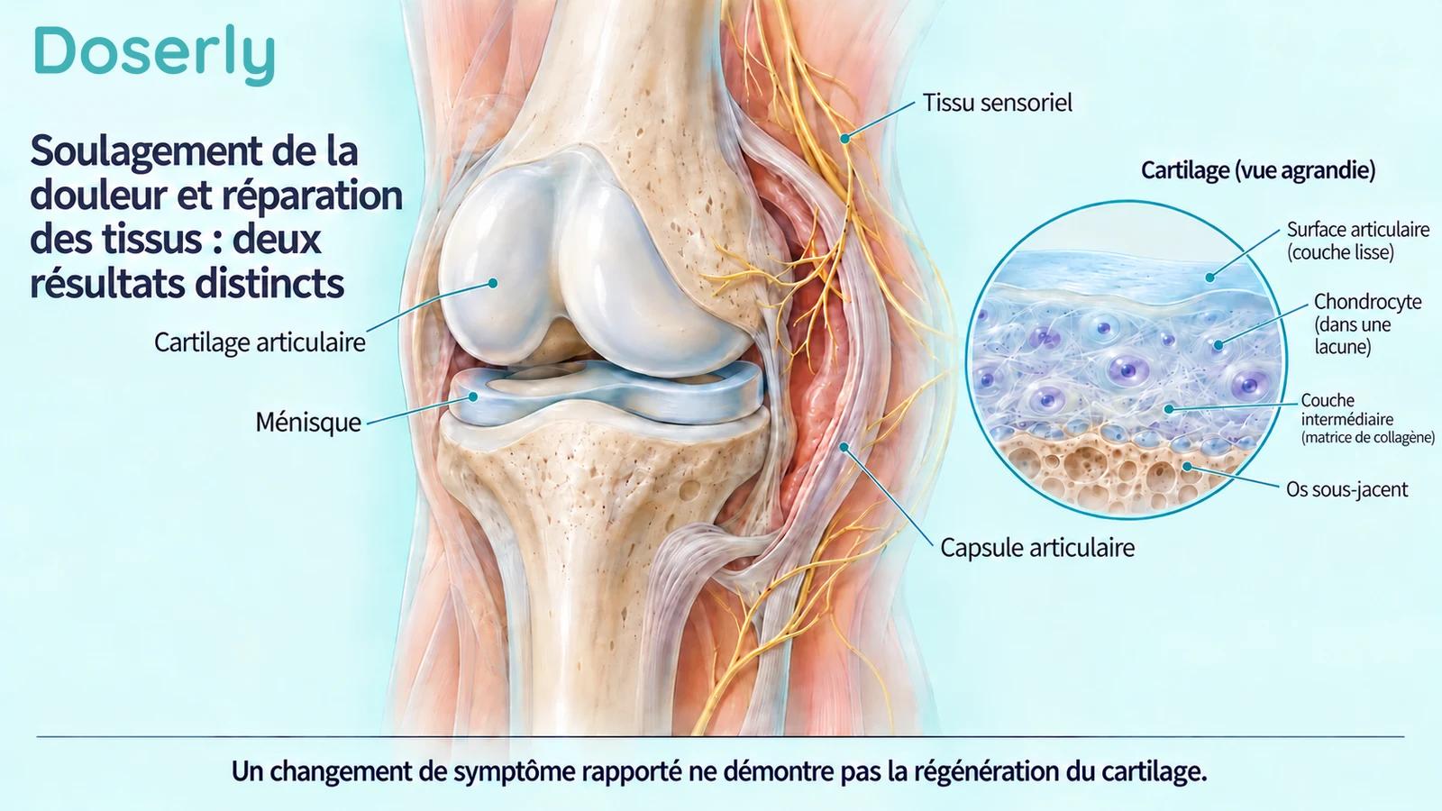 Articulation du genou détaillée montrant le cartilage, le ménisque, la capsule et le tissu sensoriel, avec un agrandissement du cartilage.