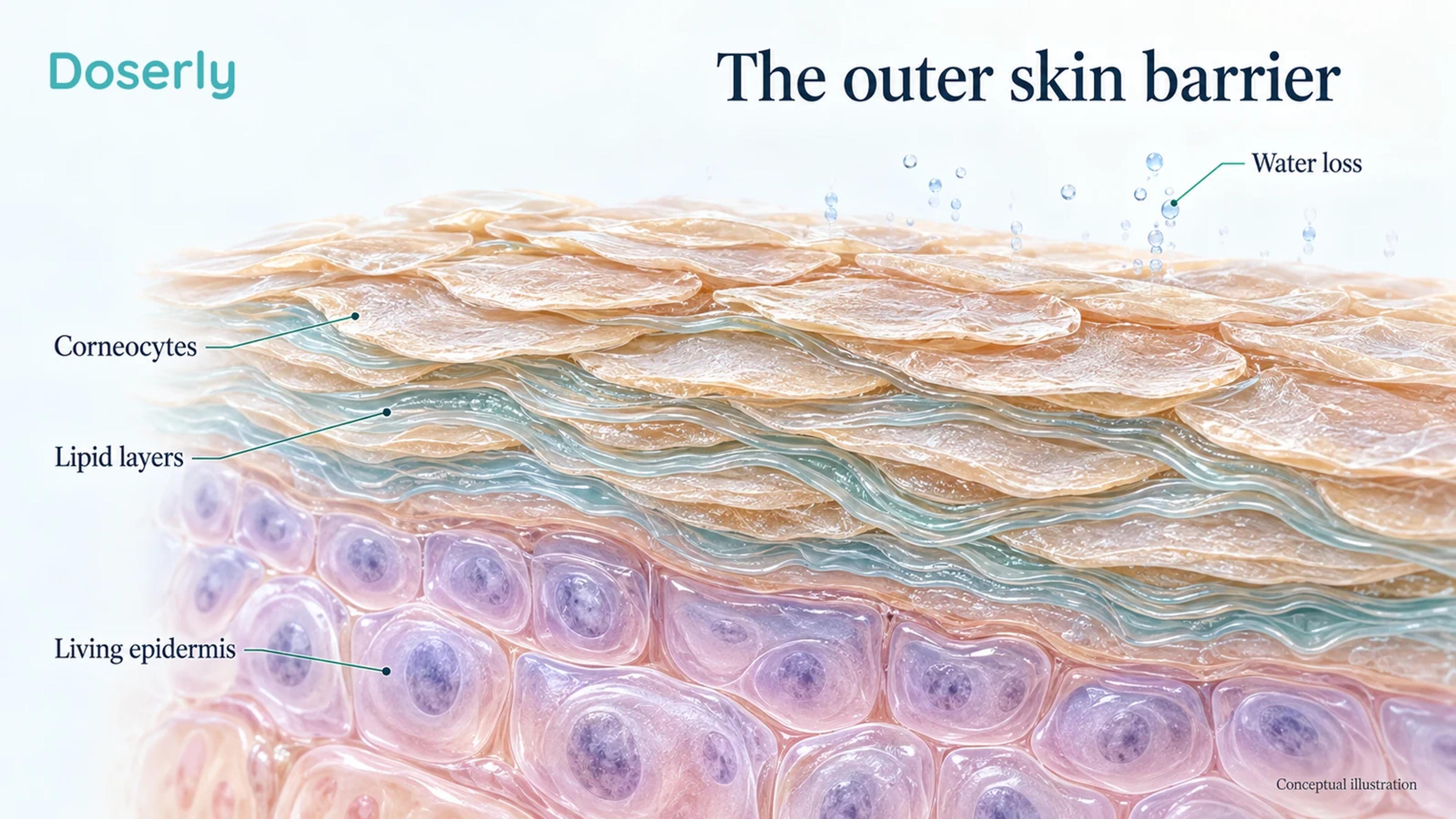 Magnified outer skin layer showing flattened corneocytes surrounded by lipid layers above living epidermal cells.
