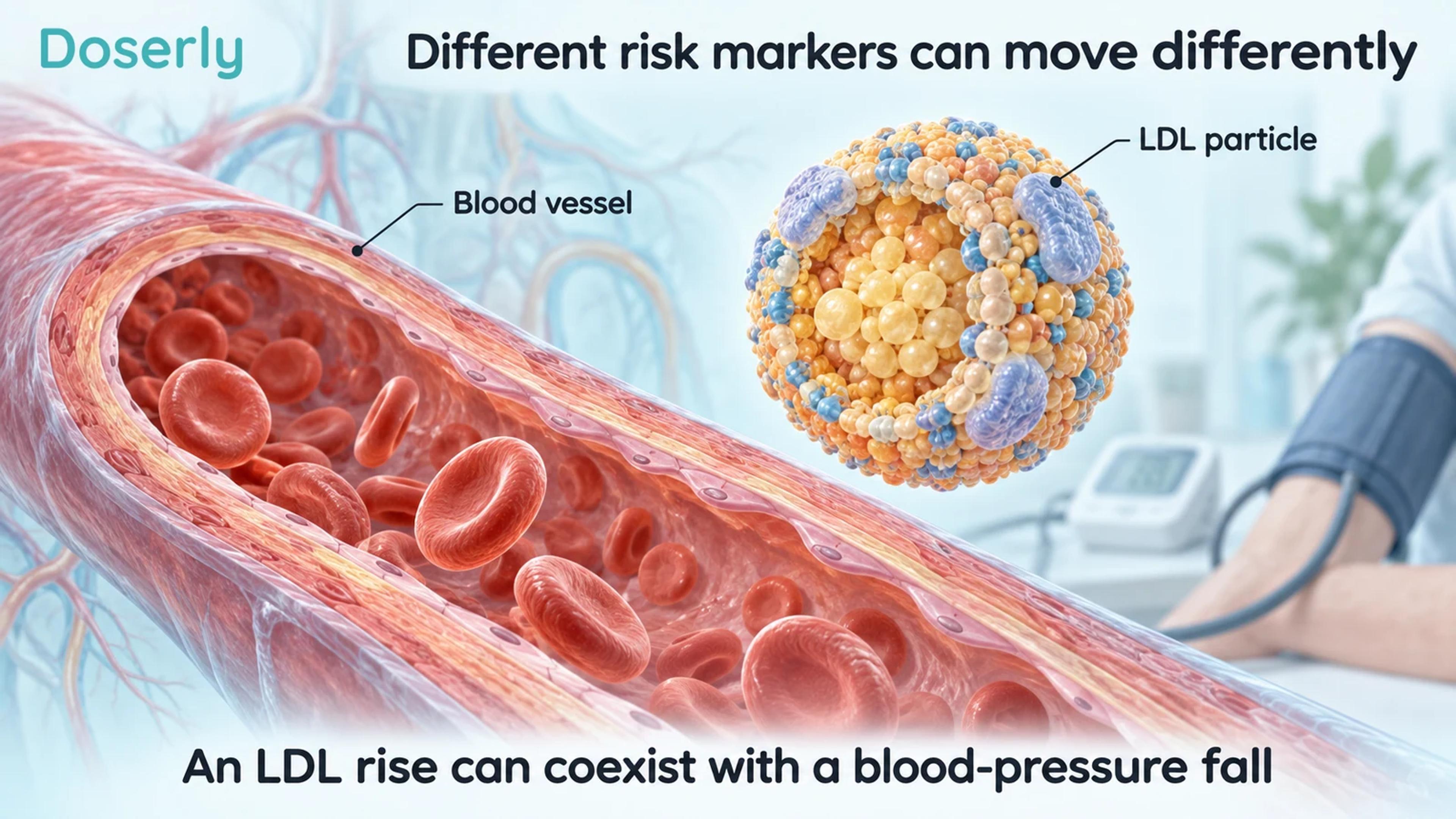 Blood vessel and enlarged conceptual LDL particle with a blood-pressure cuff in the background.