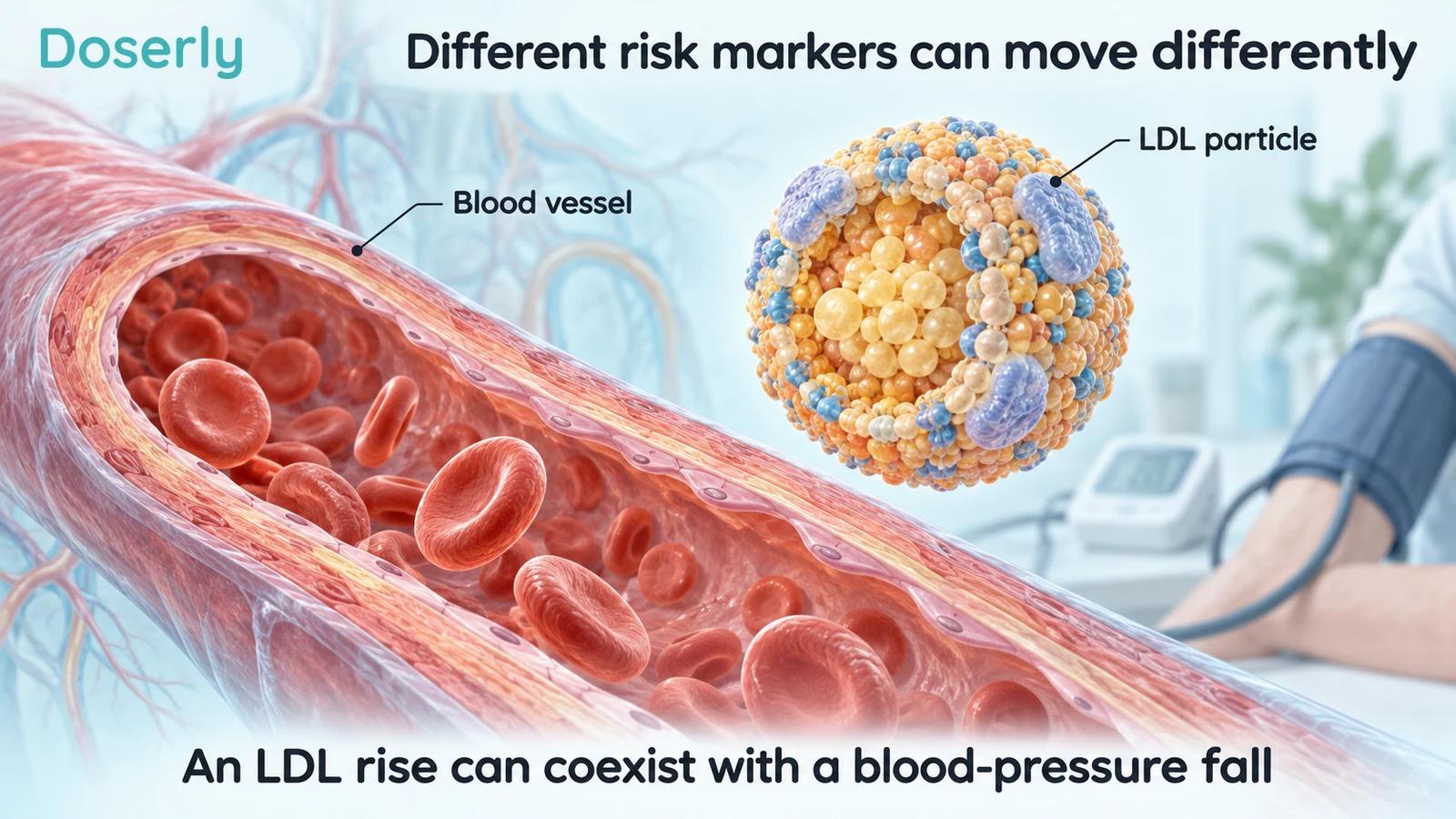 Blood vessel and enlarged conceptual LDL particle with a blood-pressure cuff in the background.