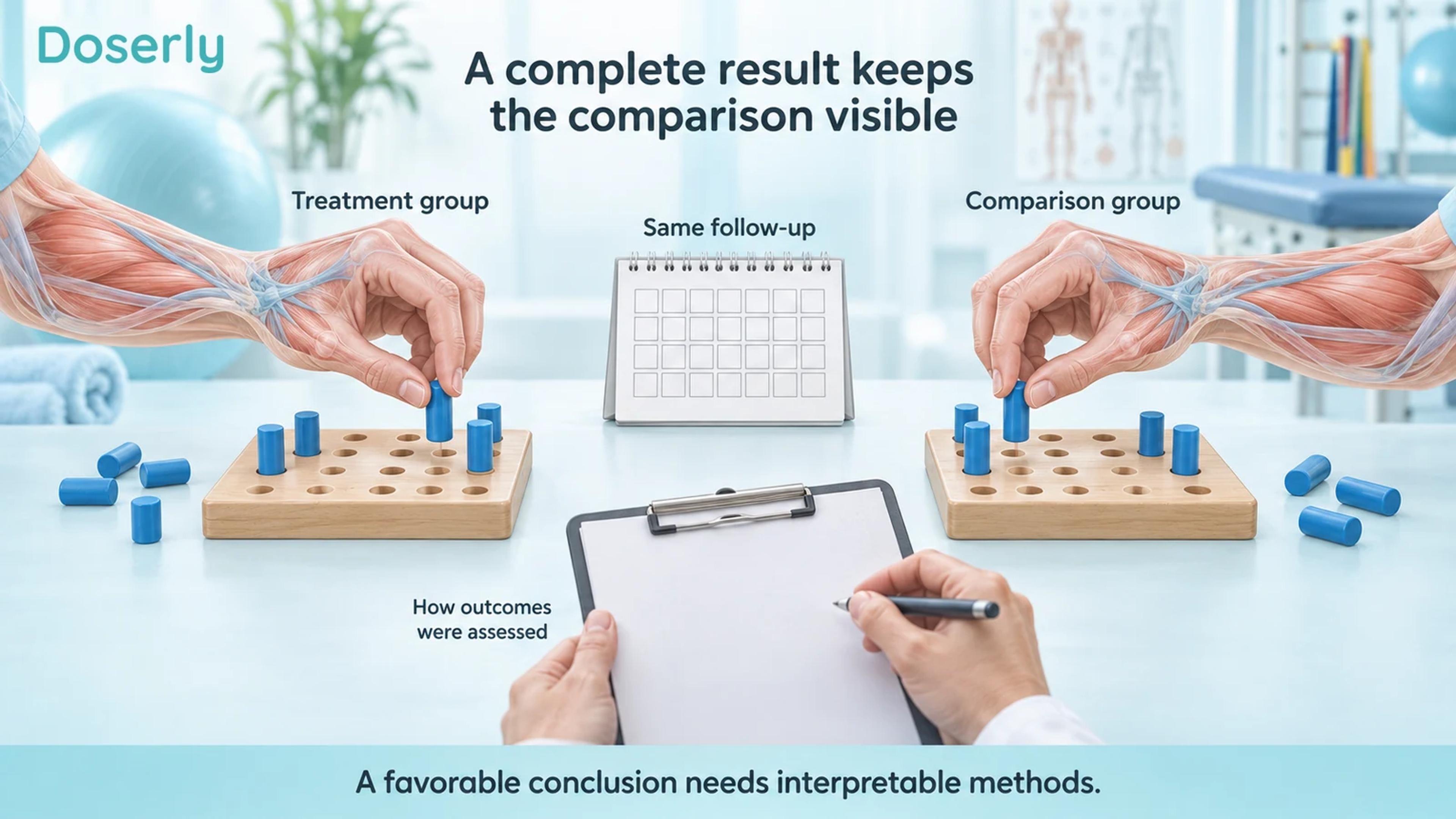 Two equivalent anatomical hands performing the same pegboard task with shared follow-up and outcome assessment.