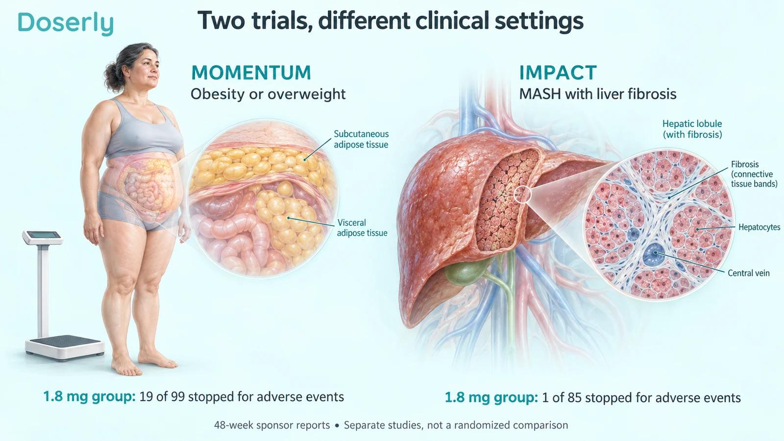 Separate obesity and MASH illustrations with the adverse-event discontinuation counts from the 1.8 mg groups.