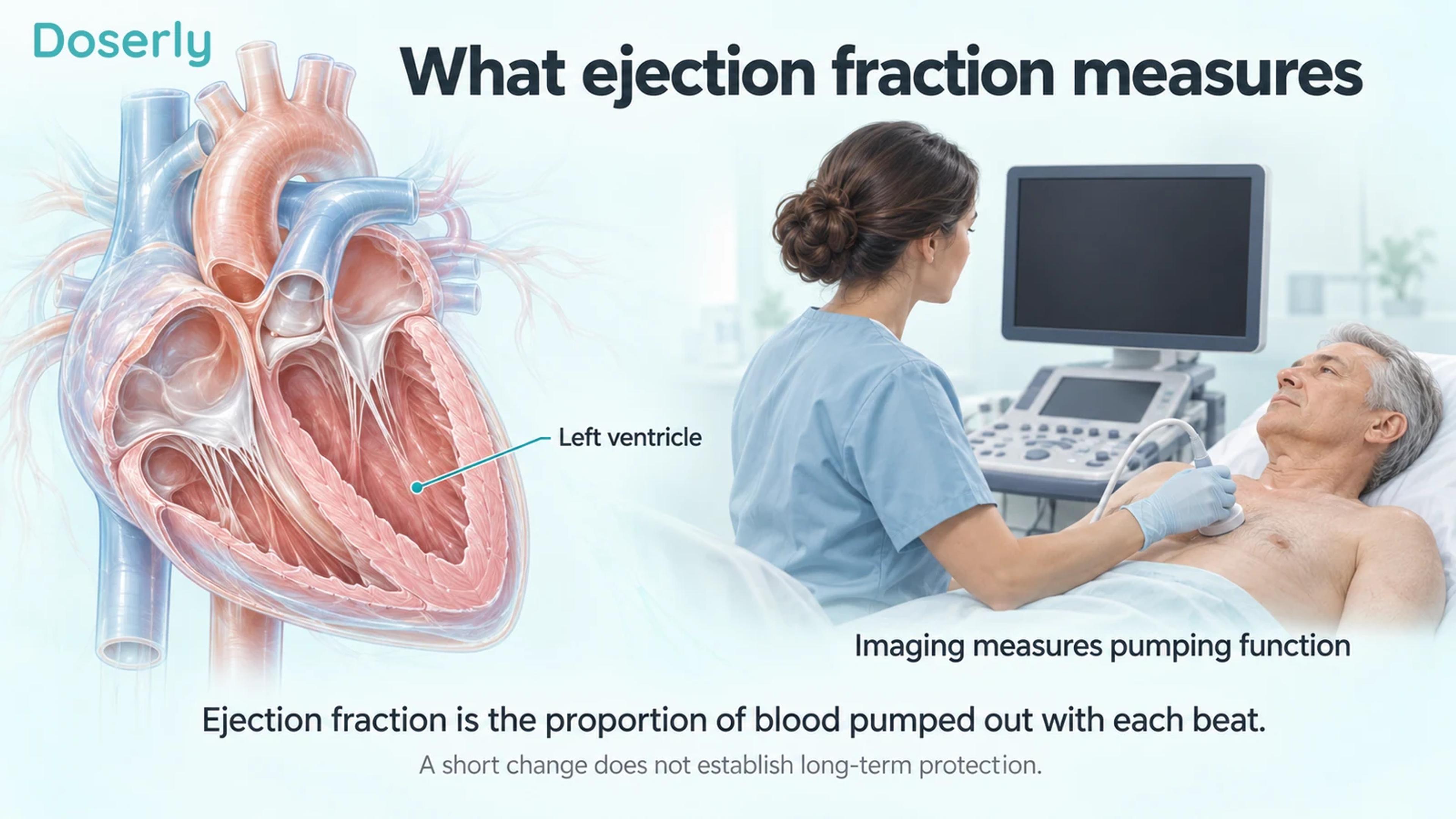 Heart cutaway and an echocardiography examination explain how pumping function is measured.