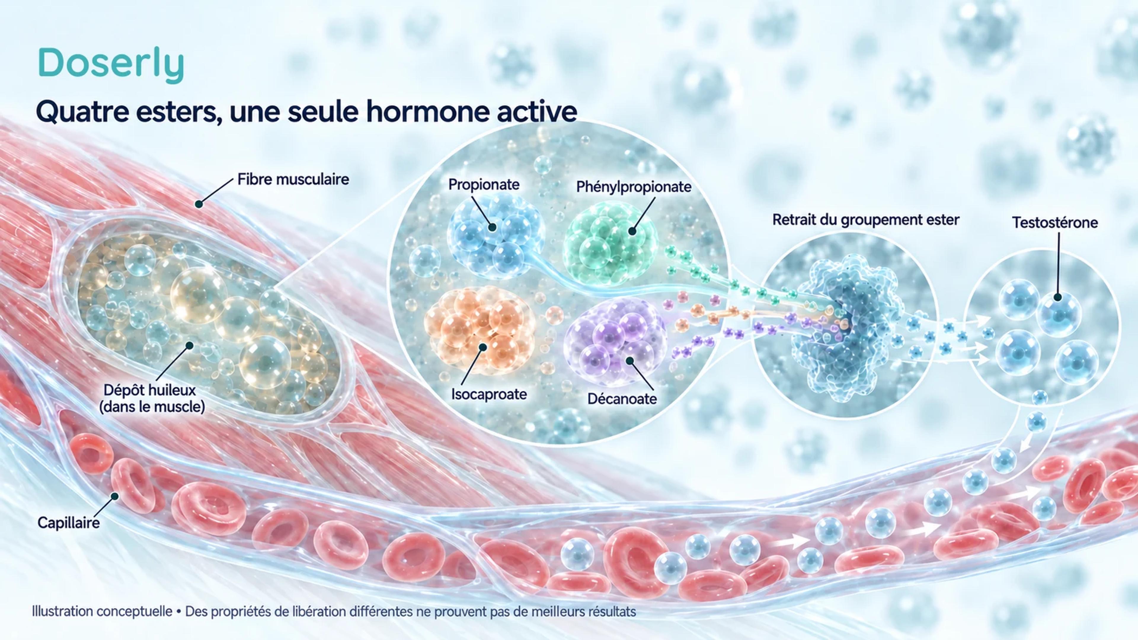 Quatre esters de testostérone symboliques dans un dépôt musculaire convergent vers la même hormone, la testostérone, après le retrait des groupements esters.