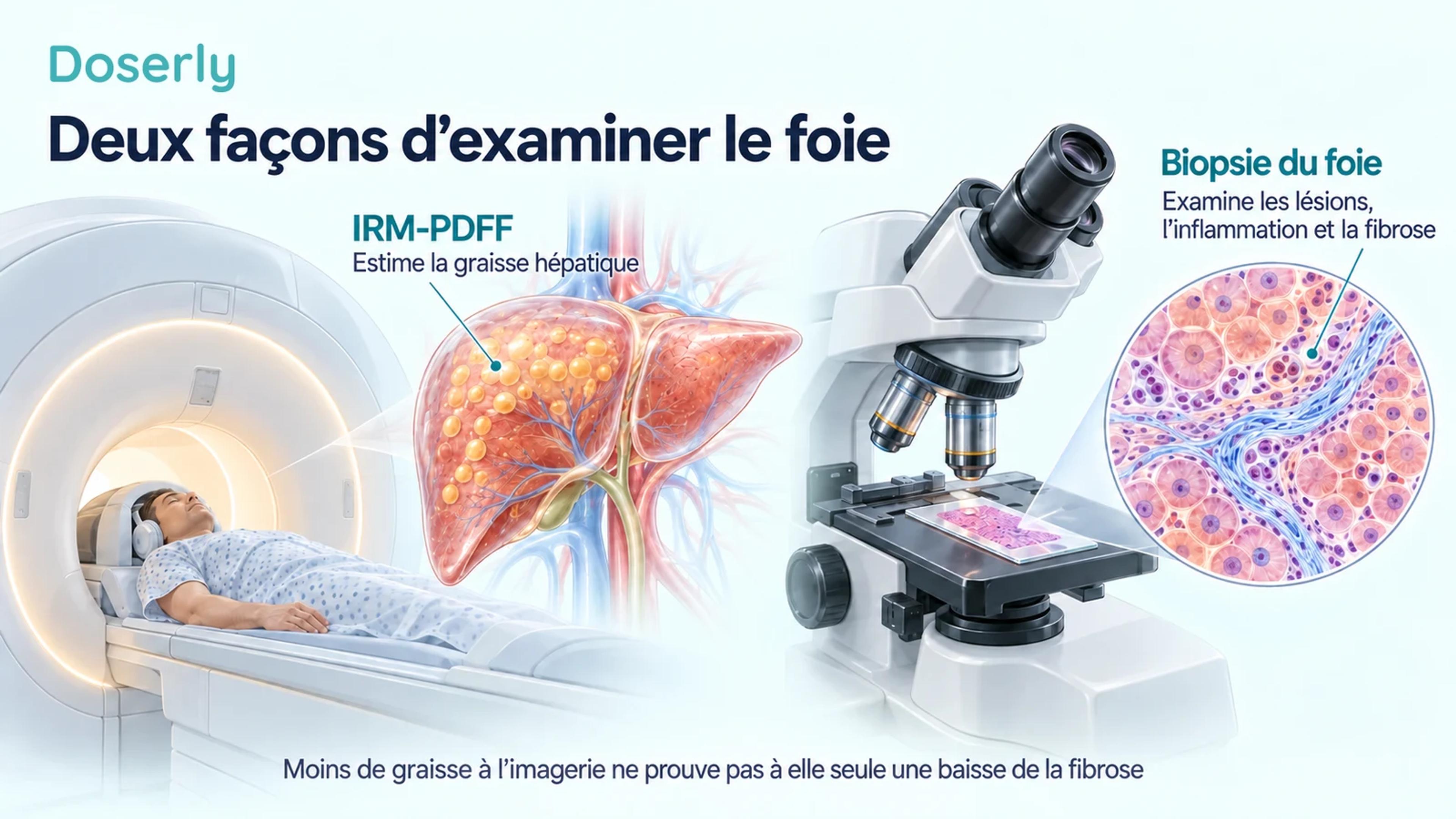 Mesure de la graisse hépatique par IRM à côté d’un microscope et d’un échantillon illustré de tissu hépatique.
